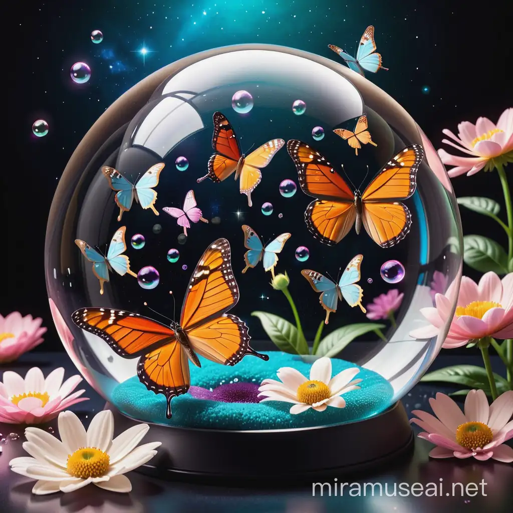 butterflies and flowers in bubbels and glass domes floating around in space
