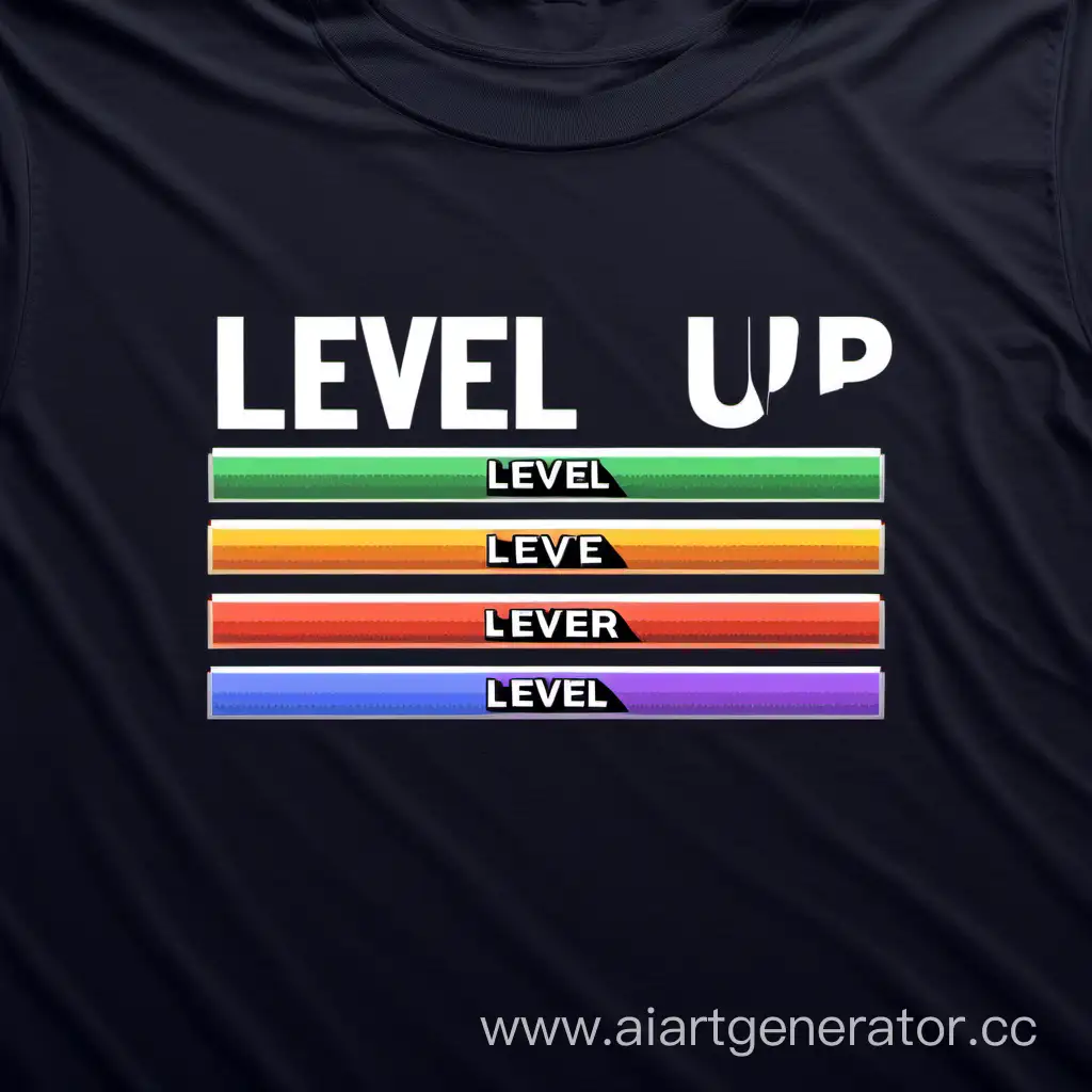 "Level Up" with a progression bar showcasing different stages, on a t-shirt design 
