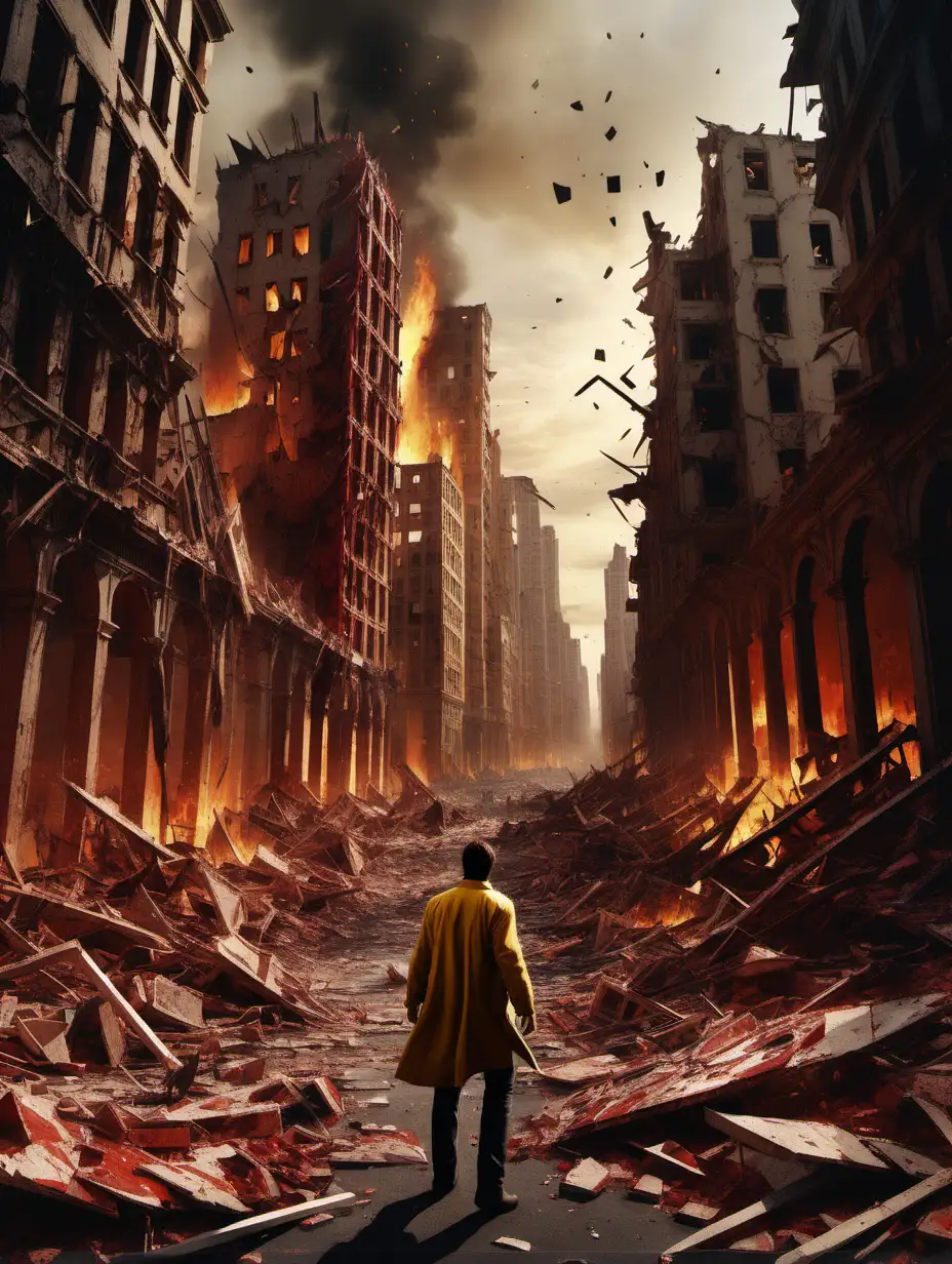 The [destroyed city in fire  , a man go to the city.] in 'Shattered Shards', navigating the [red] jagged, fragmented, [yellow] and unpredictable ruins of a once-great, shattered civilization.