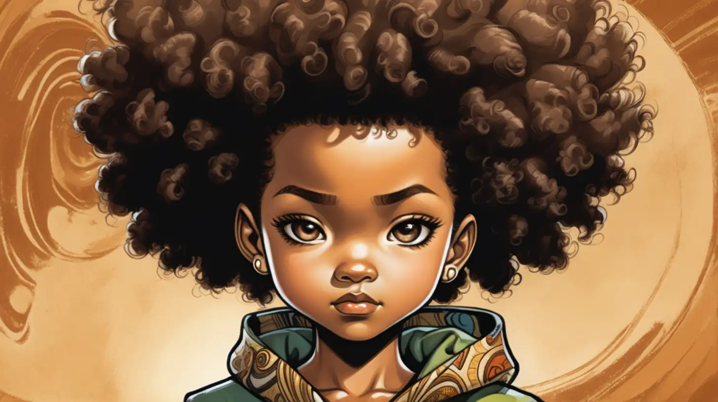 black child with twisted afro hair, asian-inspired, african inspired, modern, comic book style, in color, earth tones
