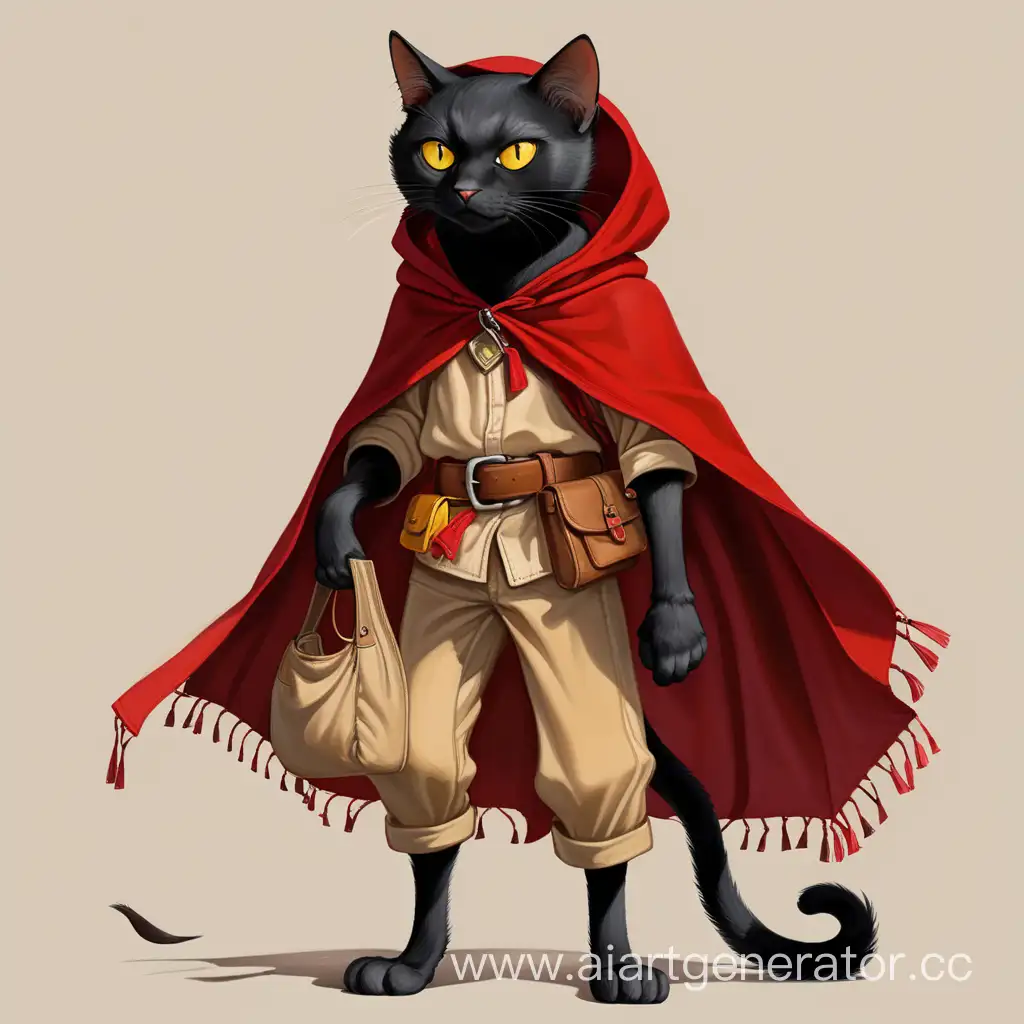 Чёрный кот с жёлтыми глазами. И он одет в рубашку бежевого цвета и штаны коричневого цвета с красным плащом, на поясе сумка в цвет плаща. В руках короткий нож. Он без обуви и перчаток на лице красная бандана, рост кота 170 см и он худой