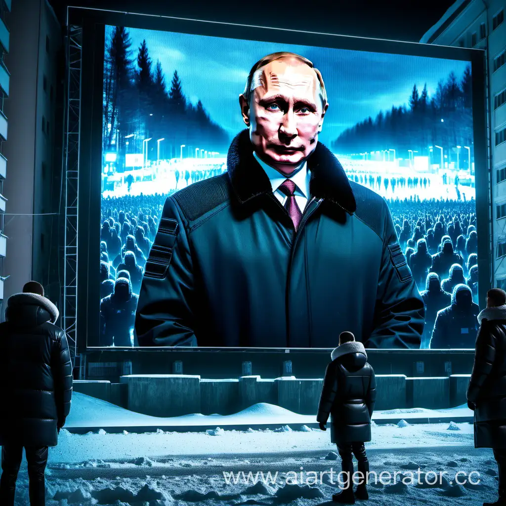 Cyber people are standing on the street in front of a huge screen on which Putin is speaking, winter, snow, night, depression, Russia, cyberpunk, dark, futurism