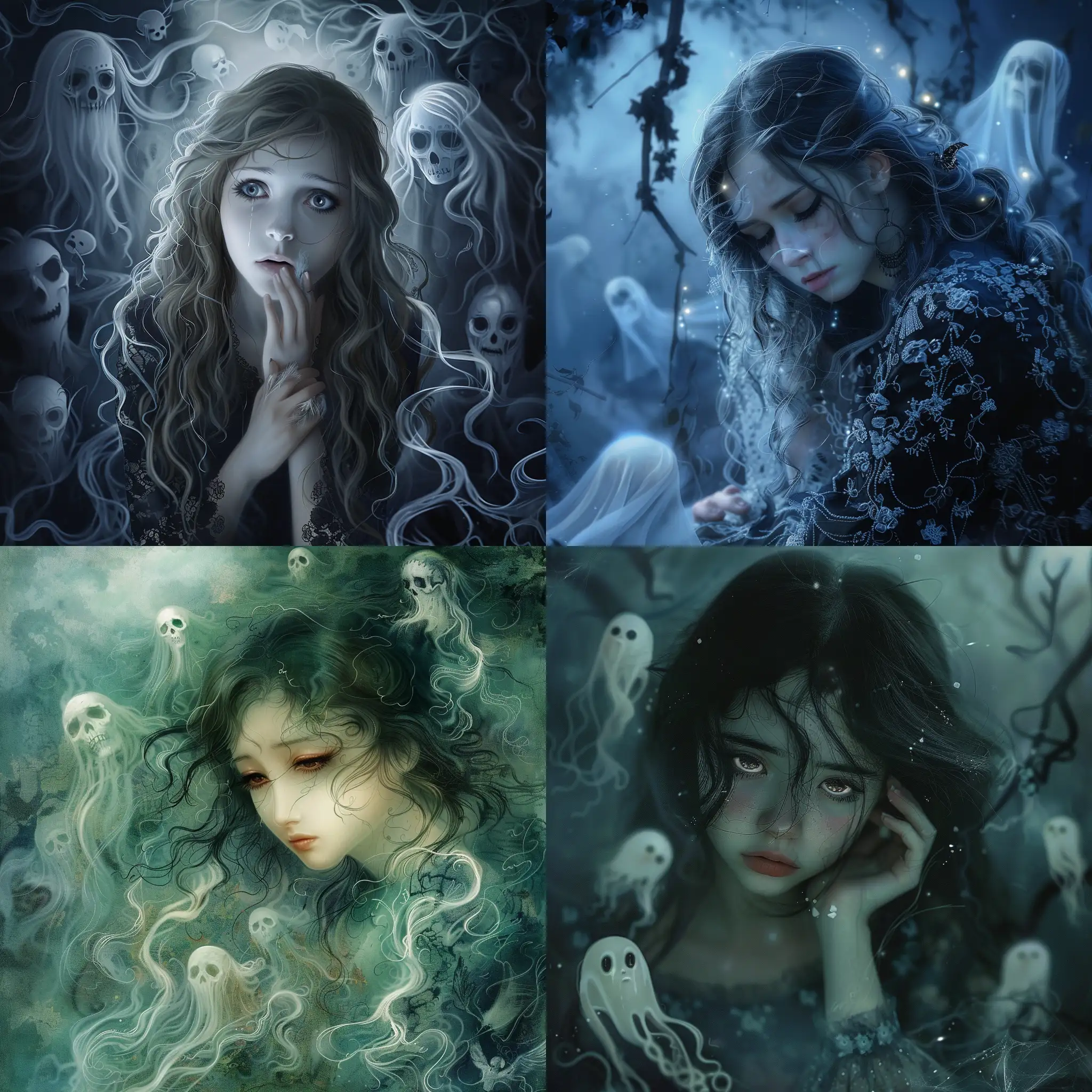 A sad beautiful  woman surrounded by ghosts .Beautiful magical mysterious fantasy etheral highly detailed. Disturbing