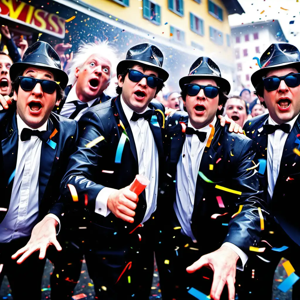 Blues Brothers meet Back To The Future at the Swiss carnival::3, featuring cheering people and showers of confetti