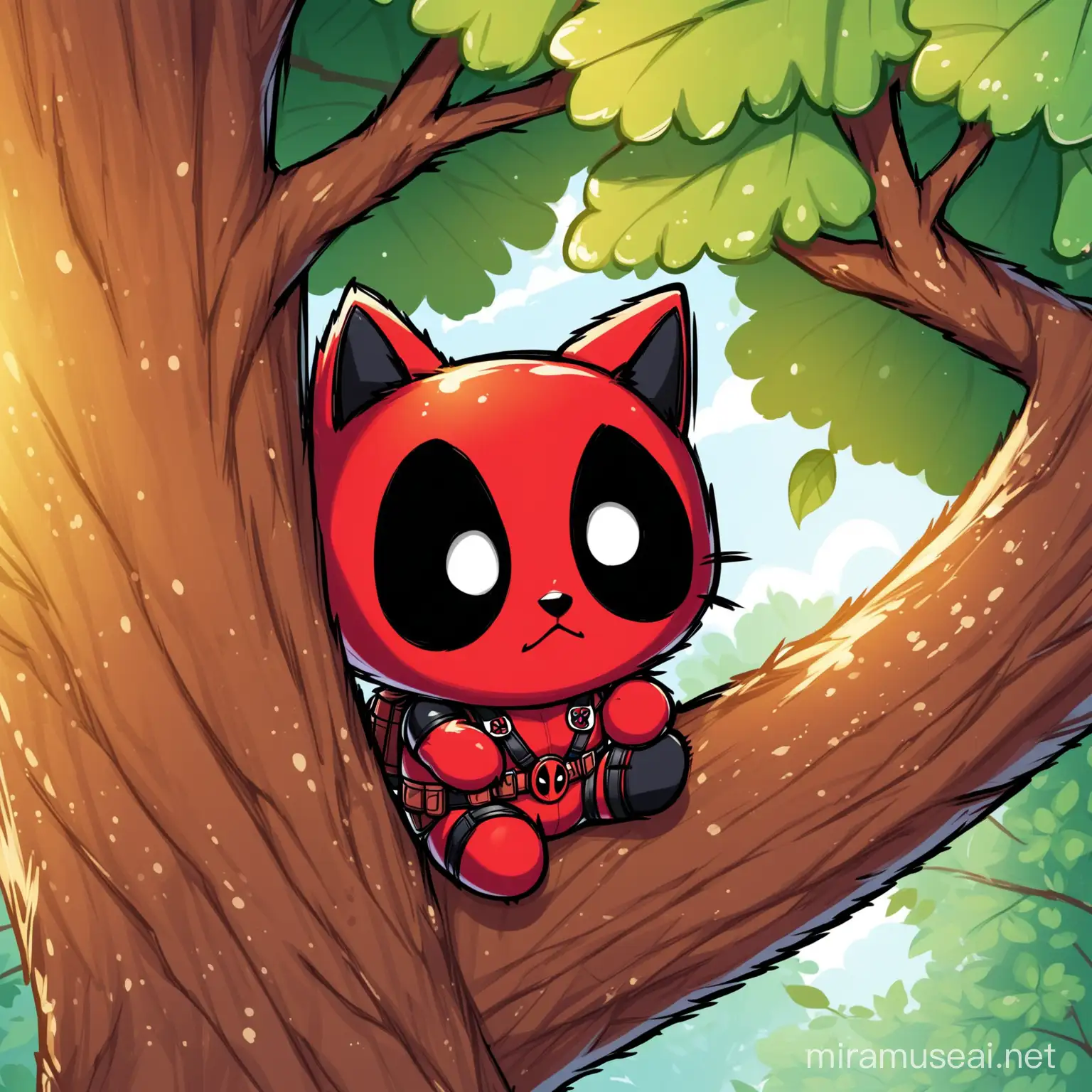 Chibi Deadpool Cat Stuck in a Tree Playful Feline Adventure