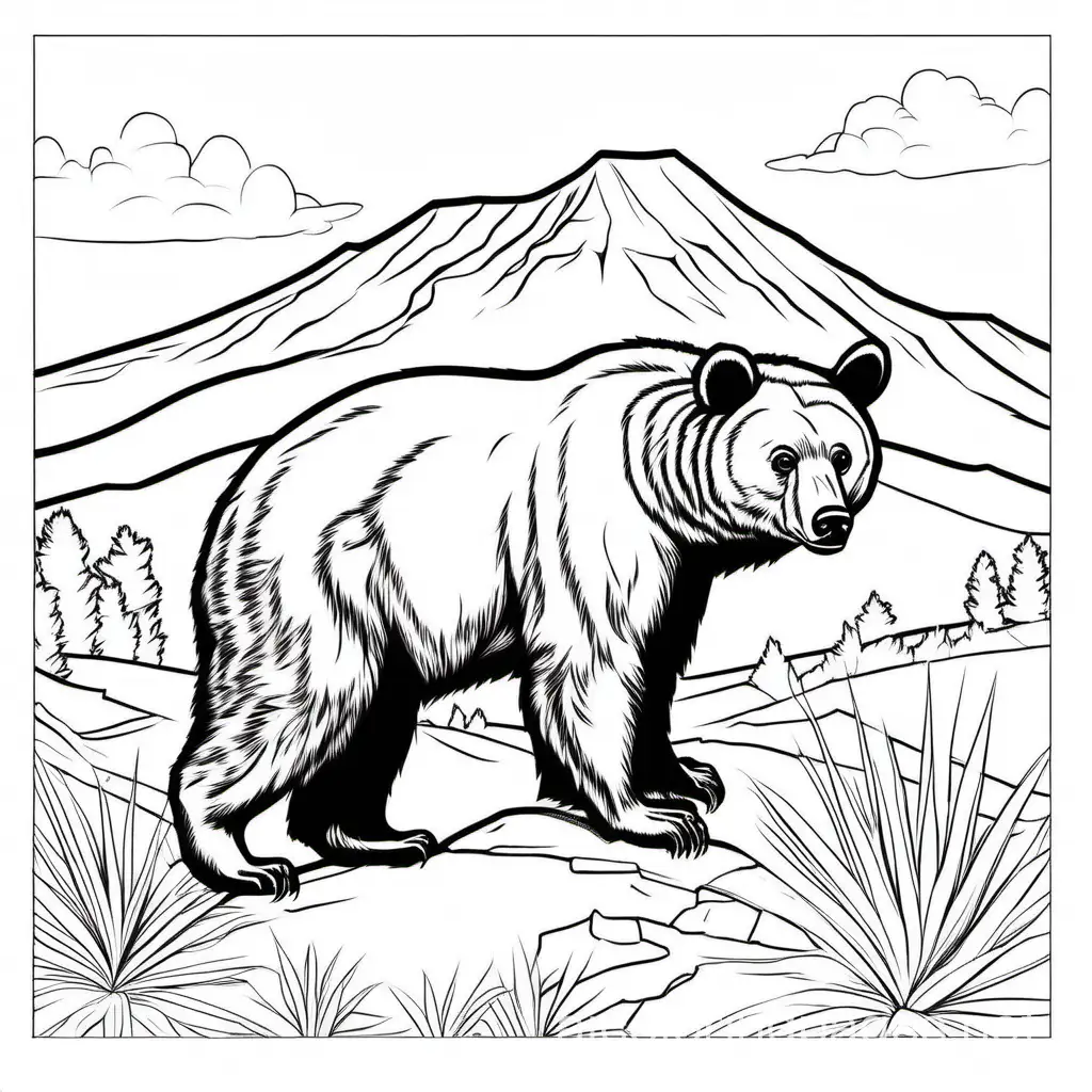 New Mexico Black Bear, Coloring Page, black and white, line art, white background, Simplicity, Ample White Space. The background of the coloring page is plain white to make it easy for young children to color within the lines. The outlines of all the subjects are easy to distinguish, making it simple for kids to color without too much difficulty