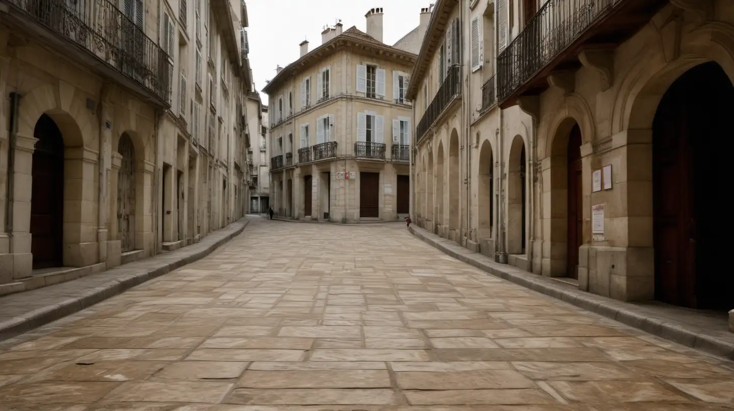 Une rue avec un sol en dalles de pierre avec des immeubles d'architecture française ancienne. encore un plus vieux, les batiments doivent être marrons