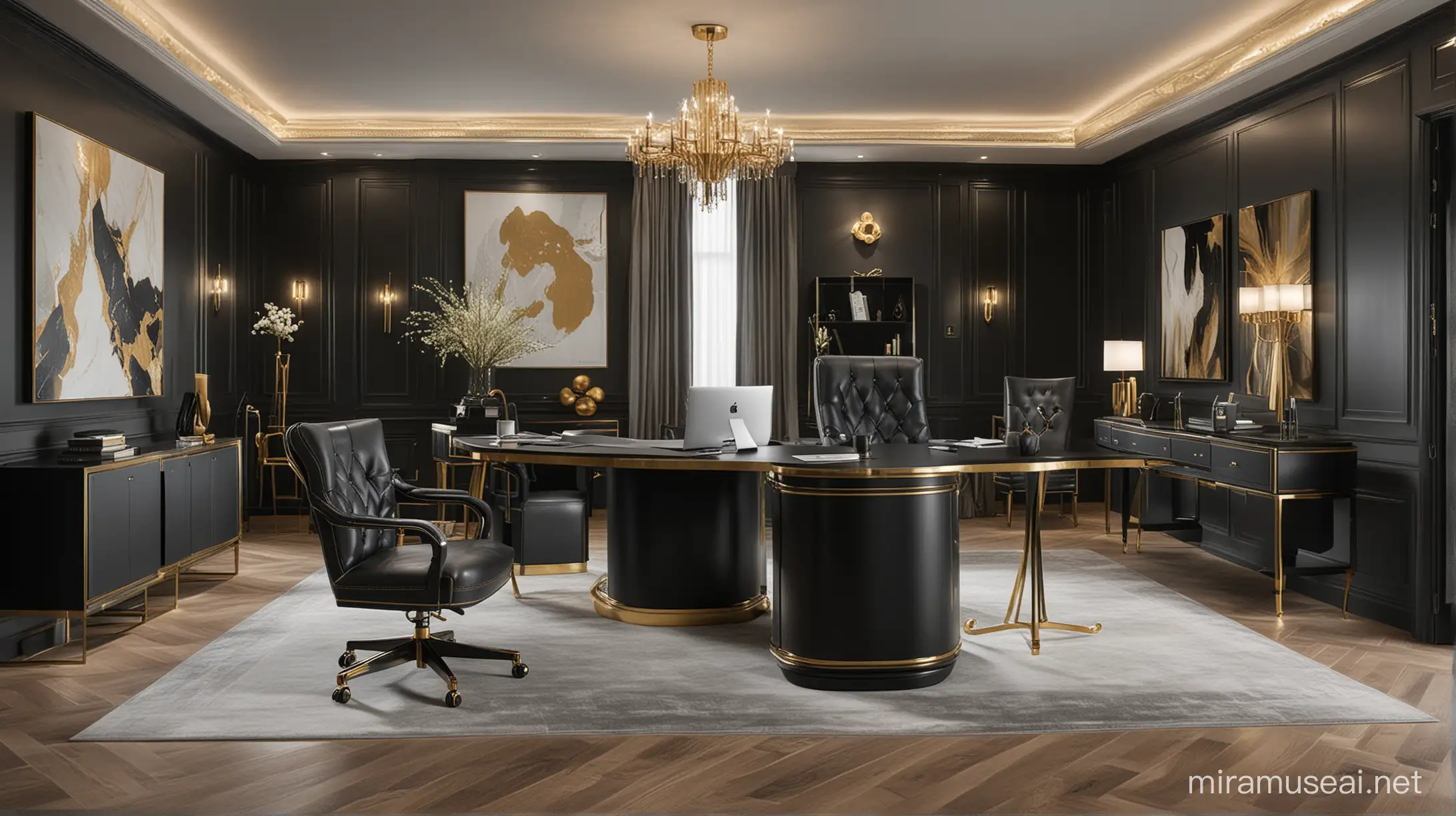 The powerful workspace is elegantly decorated with a color scheme of black, gray, and gold. A large desk made of high-quality wood, leather-upholstered chairs, and gold or silver accents create an aura of sophistication. Lighting is designed to maintain a serious and dignified atmosphere, while premium amenities such as sound systems and large display screens ensure comfort and efficiency in work.