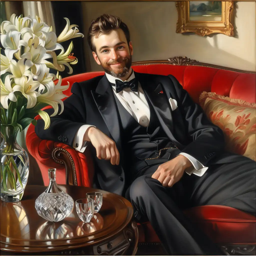 Portrait of Smirking Young Man in Tuxedo Suit on Red Sofa with Lilies