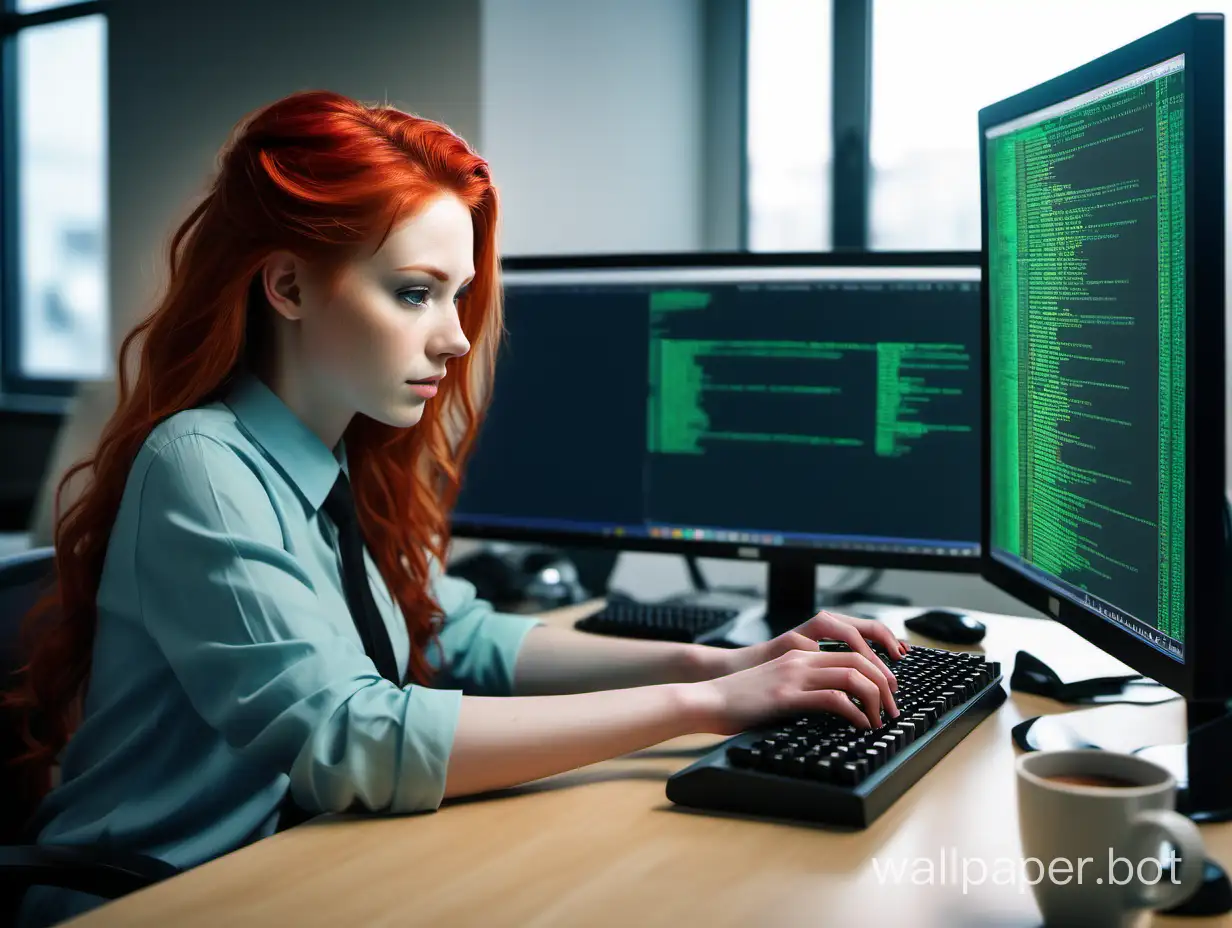 видна женская фигура, девушка программист, печатает код, у нее рыжие волосы, цвет доминирущий черный, зелёный, синий, кружка кофе, стиль гиперреализм, окружение офис, офис яркий