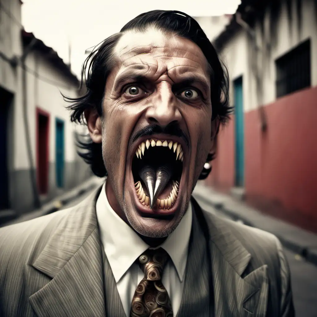 Full colour image.

A man with a piston-like tongue tipped with a secondary set of teeth located inside his mouth extending with many razor sharp lamprey-like teeth.

He is roaring.

He is Spanish and very pale.

He has a bushy moustache and a heavy stubble.

He has should length unity hair with a middle parting.

He is dressed in a crumpled suit in the style of the 20s.

The background is an alley in Lima Peru.

