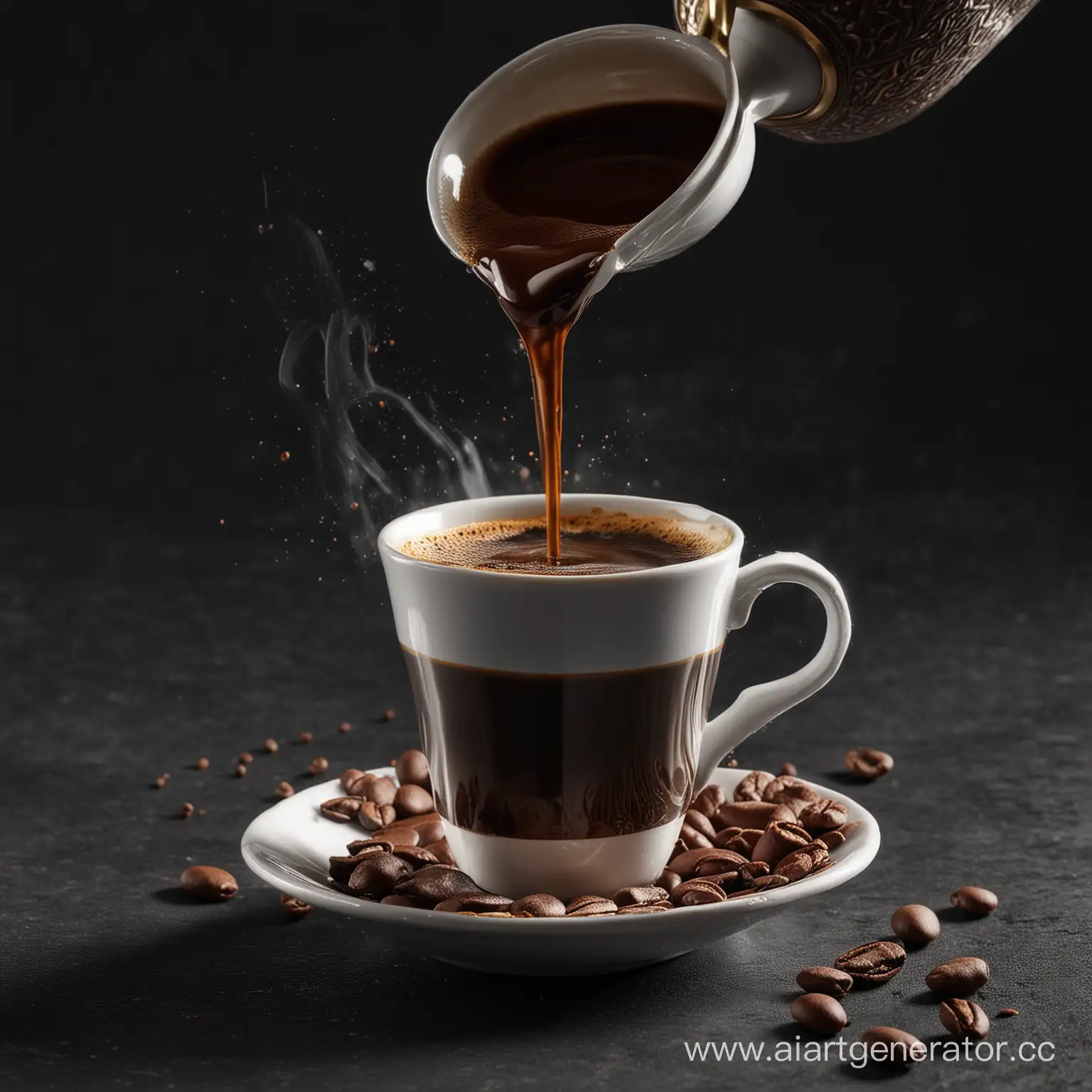 pouring turkish coffee into cup, dark background, photorealistic, high quality