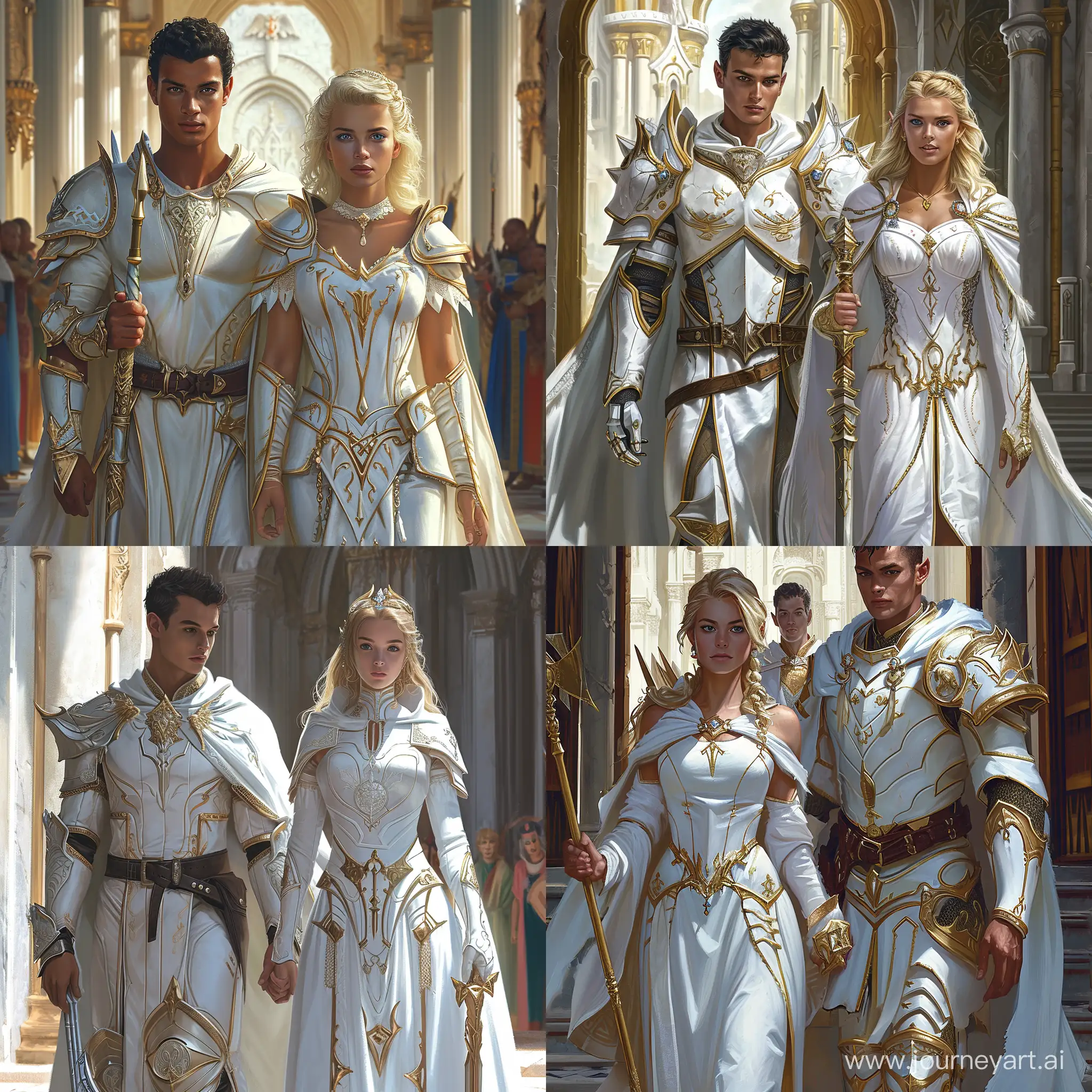 A young queen entering royal court, accompanied by her paladin guard. The queen is dressed in white regal robes and holds a sceptre. The paladin is wearing white and gold elite armor, with a sheathed greatsword, he has dark hair and tan skin and is tall. The queen has blonde hair, blue eyes, fair skin and is shorter, she has a cute complexion. Photorealistic, highly detailed.