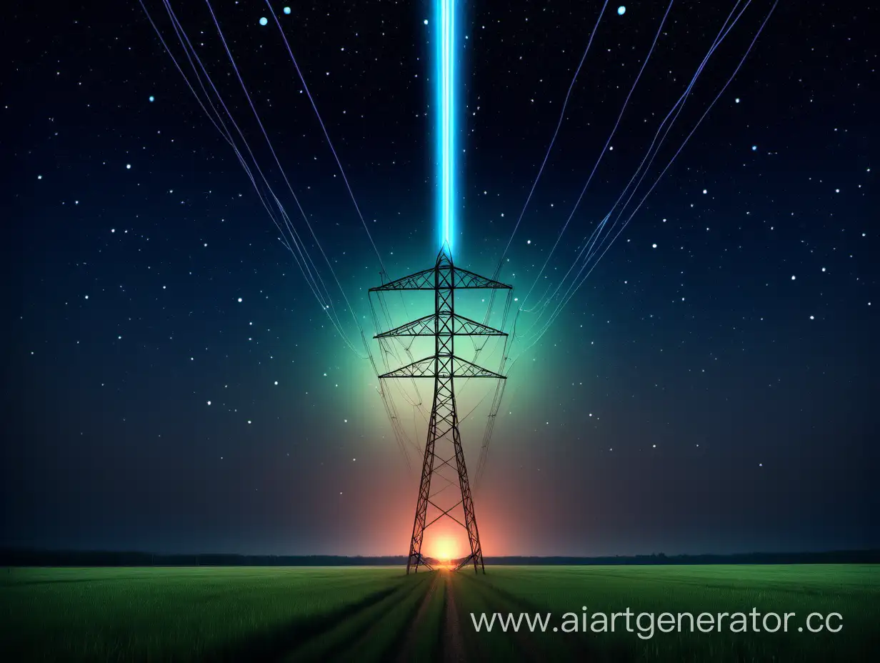 Линия электропередач ЛЭП мачта со светящейся аурой стоит в поле на фоне звёзд 