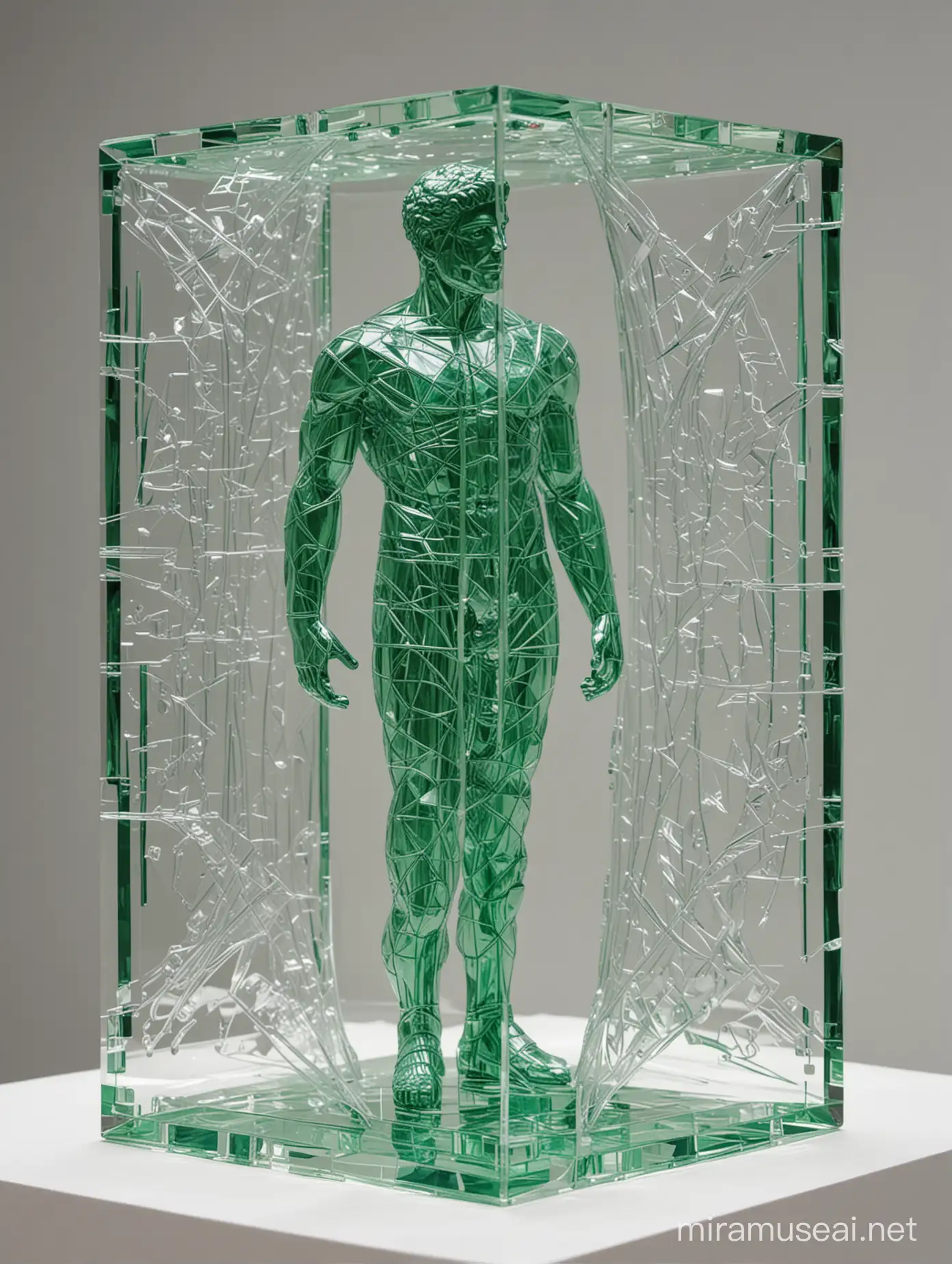 geometric designs in transparent plastic green hues minimalist plastic sculpture in modern art museum intricate union of plastic pieces Renaissance postmodernism Apollo and David male