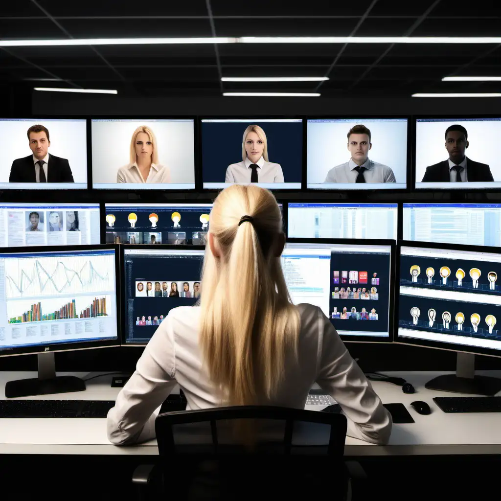 Blonde Woman at Desk Surrounded by Social Media Profiles and Data Charts