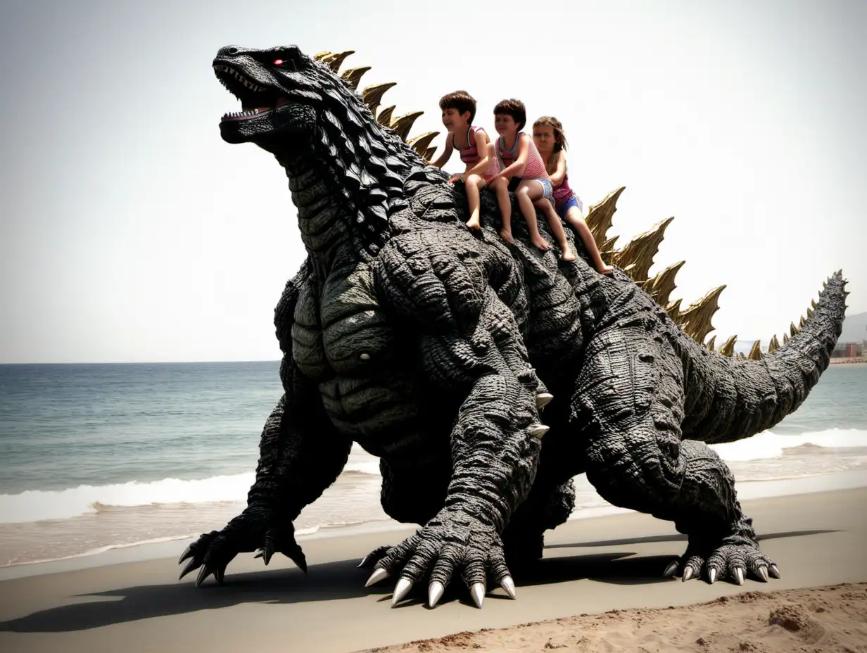 Adventurous Children Riding Godzilla on a Vibrant Spanish Beach
