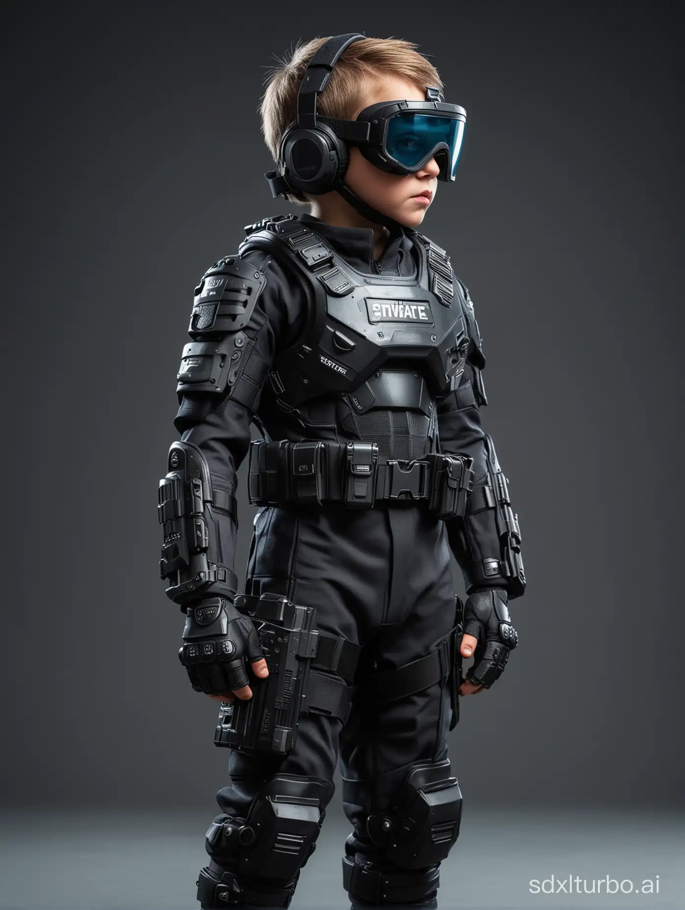 Little child male police in SWAT uniforms with fighting skills, wearing advanced tactical armor and high-tech future toy rifles, tactical communication headsets and goggles, game character, stands at full height