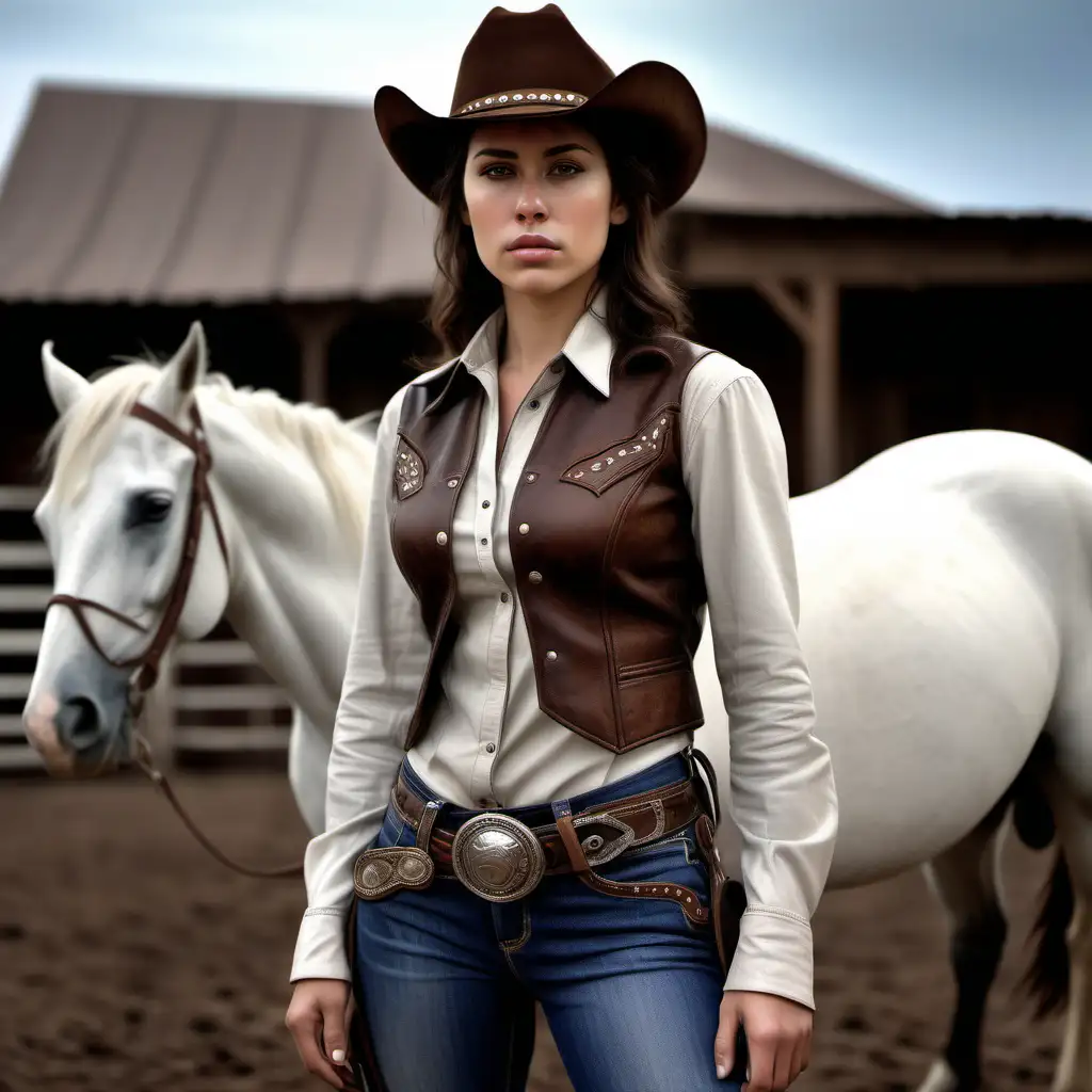 hyperrealism, cowgirl, oval head shape, soft chin, light skin tone, clear skin, big wide nose, serious expression, shoulder length dark brown hair, down hair, hazel eyes, cowboy outfit, very small leather outer cap, big breast, horse, ranch in backround , very detailed, photographic, photo, photogenic, full body photo, vágtat a lovon
