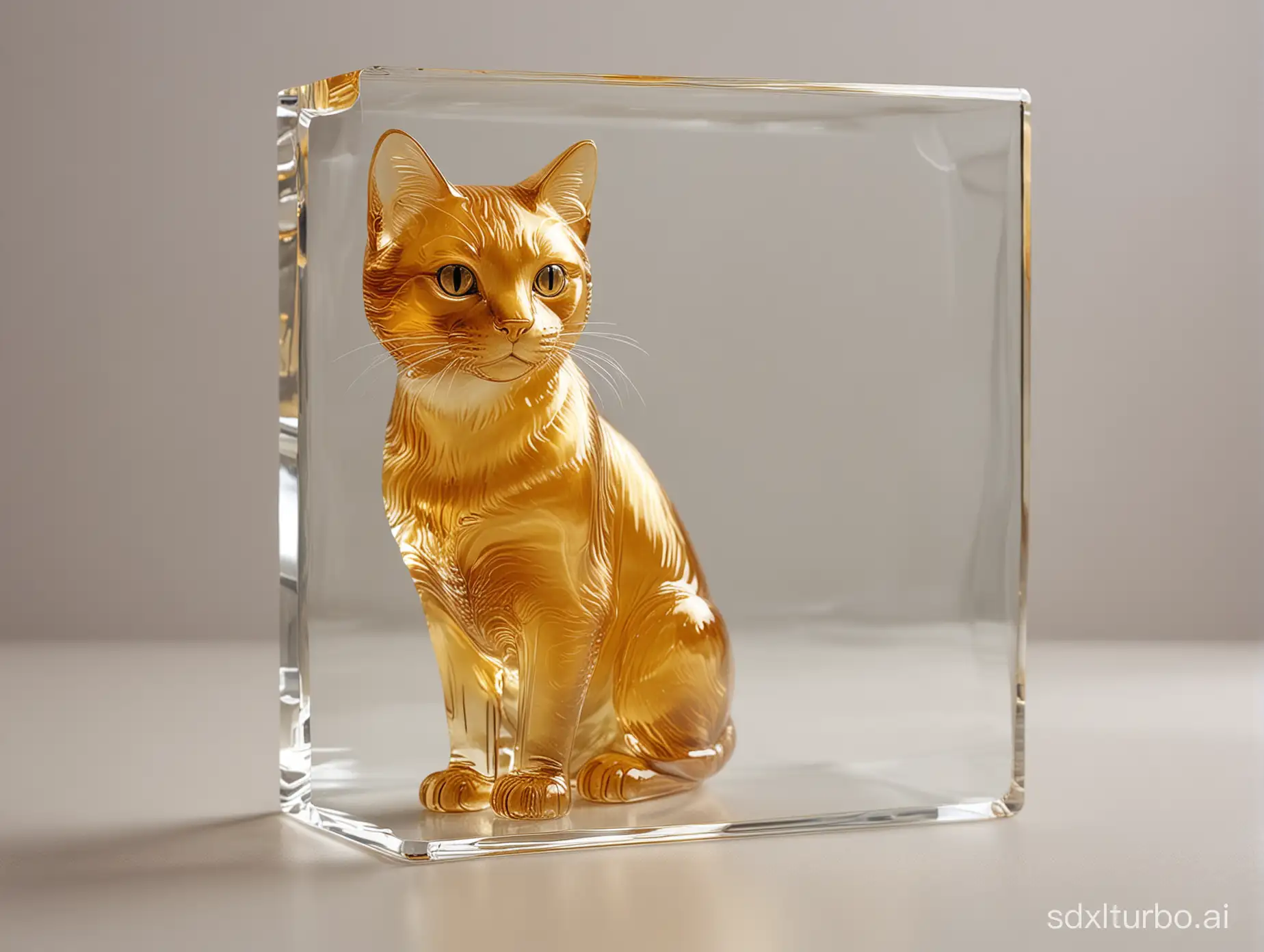 一个透明玻璃猫，里面有一个金色猫