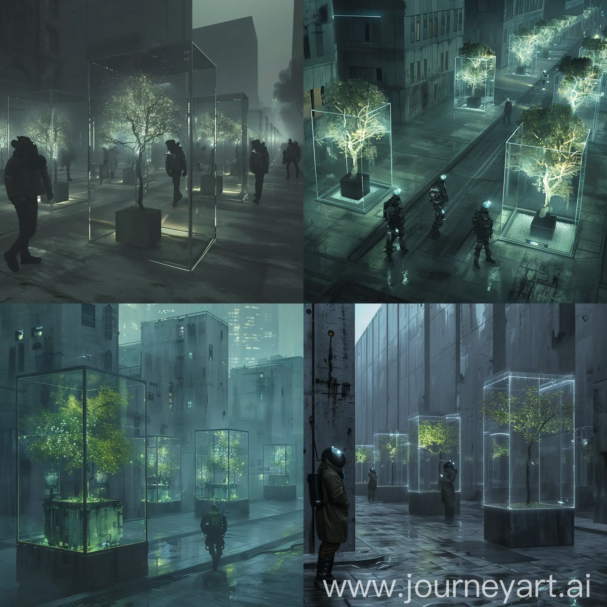 Night life in a dystopian city of concrete, where each street is illuminated by bioluminescent trees enclosed in glass cuboids. The inhabitants, in technologically advanced oxygen masks, contrast with the gray surroundings, seeking a bit of nature amidst the urban void.