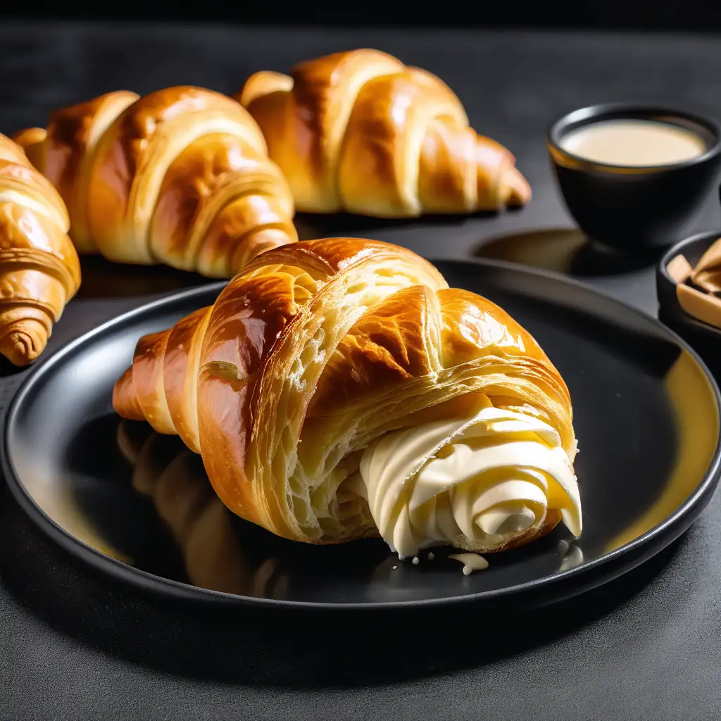 Freshly Baked Croissant Roll on Elegant Black Plate