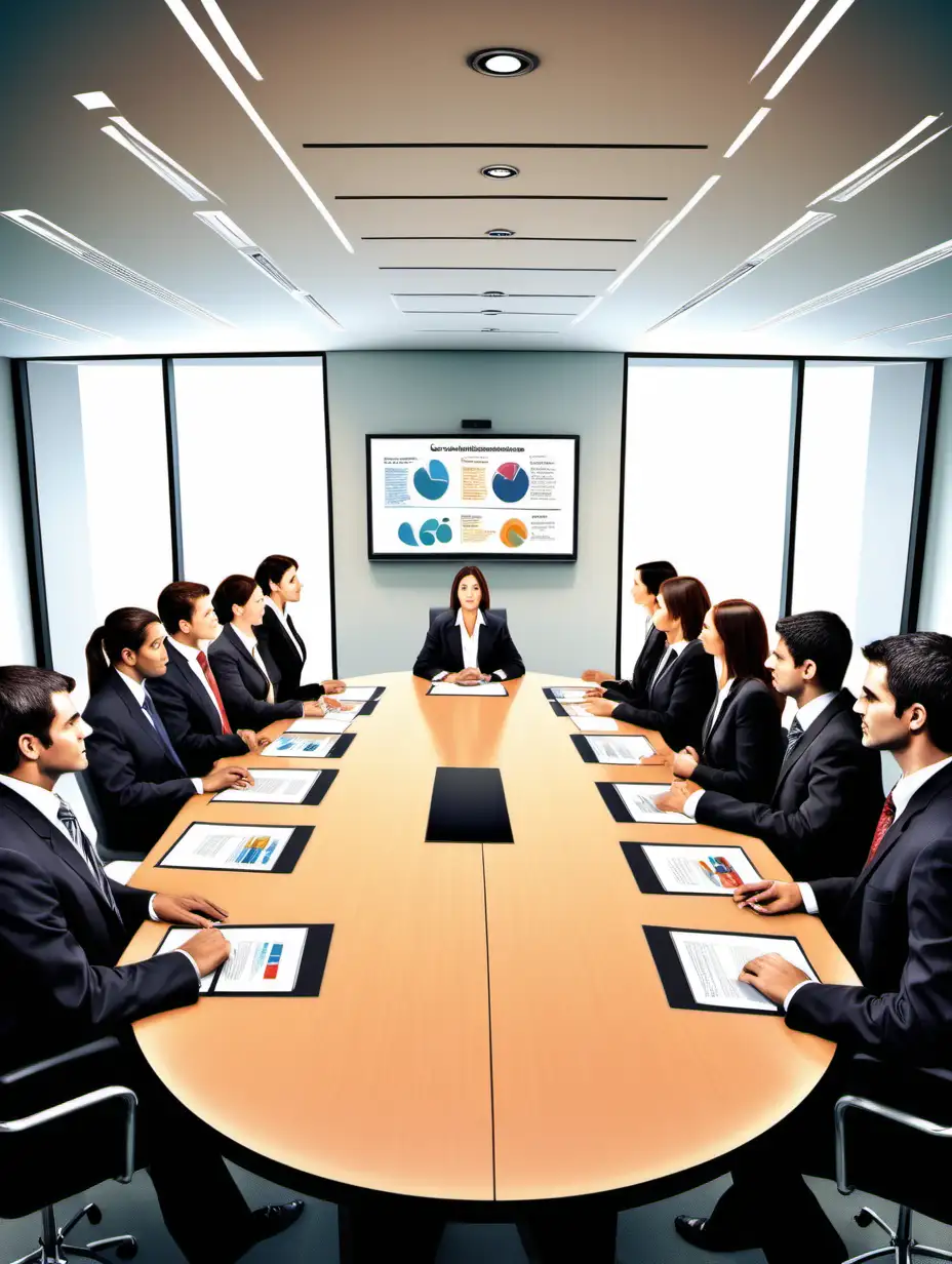 Create a professional graphic representation of a boardroom setting where an advocate and a Chartered Accountant (CA) are standing face to face on opposite sides of a table. The board consists of six seated members attentively listening to the joint presentation. Capture the dynamic interaction between the presenters and the engaged board members, emphasizing a professional and collaborative atmosphere within the meeting.