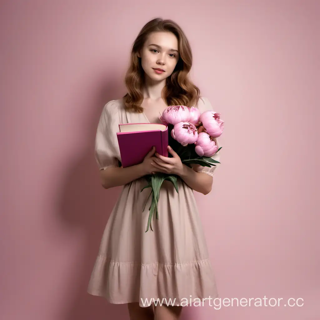 Graceful-Girl-in-Beige-Dress-Holding-Pink-Peonie-and-Book