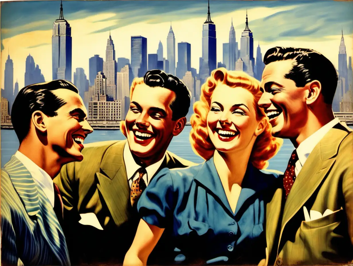 Painting of 2 men and 2 women laughing in the foreground facing the camera, circa 1940, the New York skyline behind them in the distance. Full color, vintage retro style.