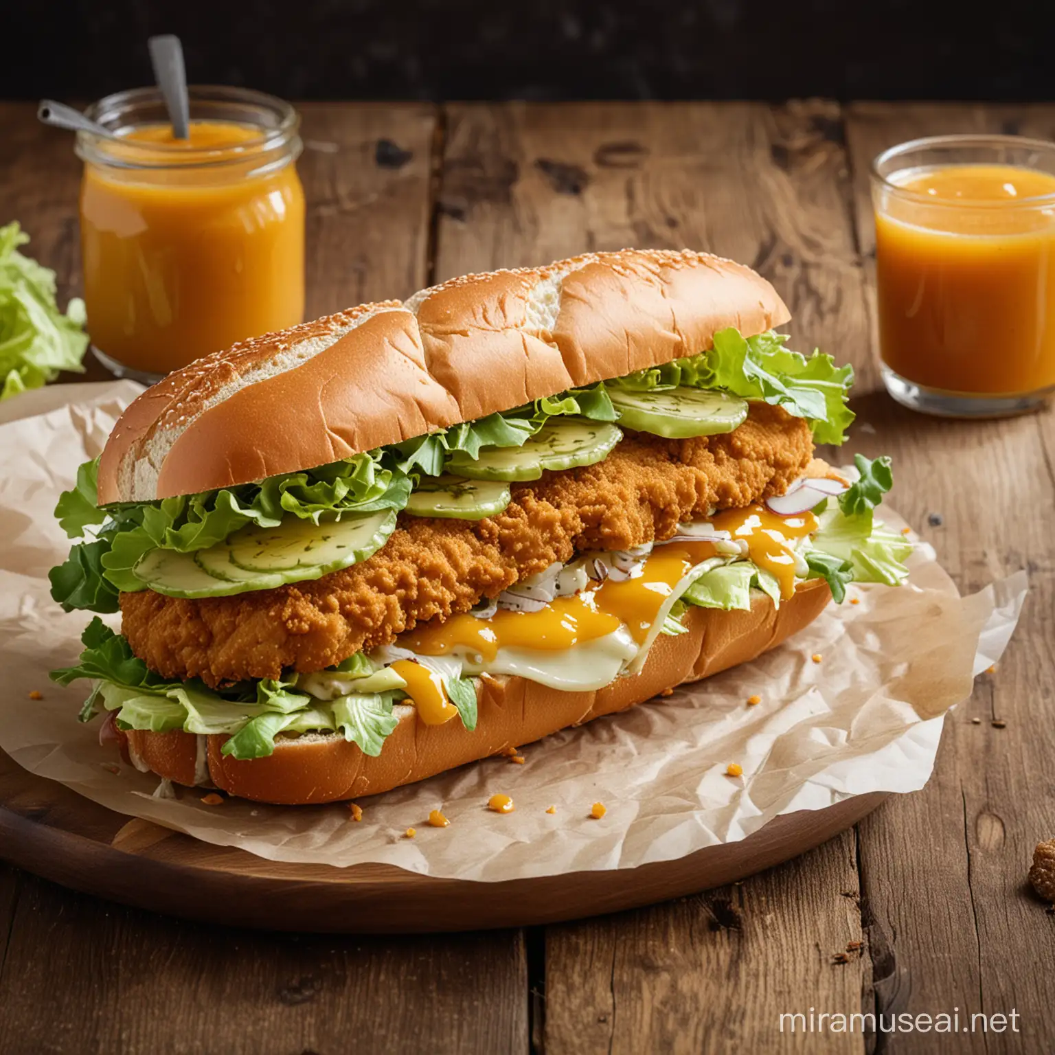 Crispy Breaded Schnitzel Sandwich with Tangy Orange Sauce and Fresh Greens