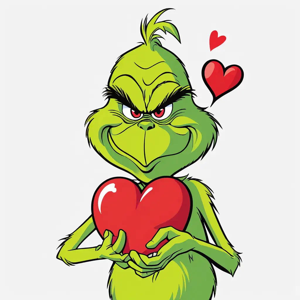 Grinch Kissing with a Big Red Heart Whimsical Holiday Romance