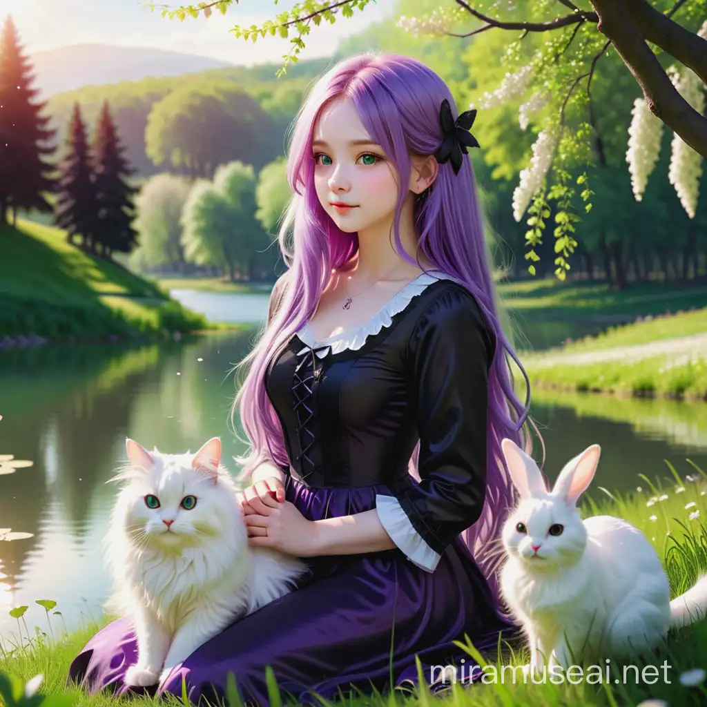 girl with long purple hair, fluffy white cat, fluffy white rabbit, black raven, meadow by the lake, spring, green leaves, sunshine, warm, beautiful, cute