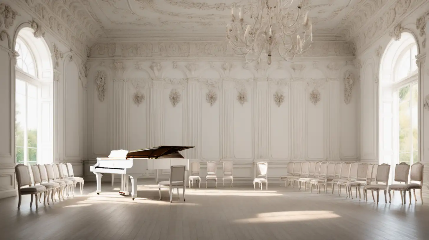 painted background of a white palace music room with a piano, some chairs, tables and seats inside