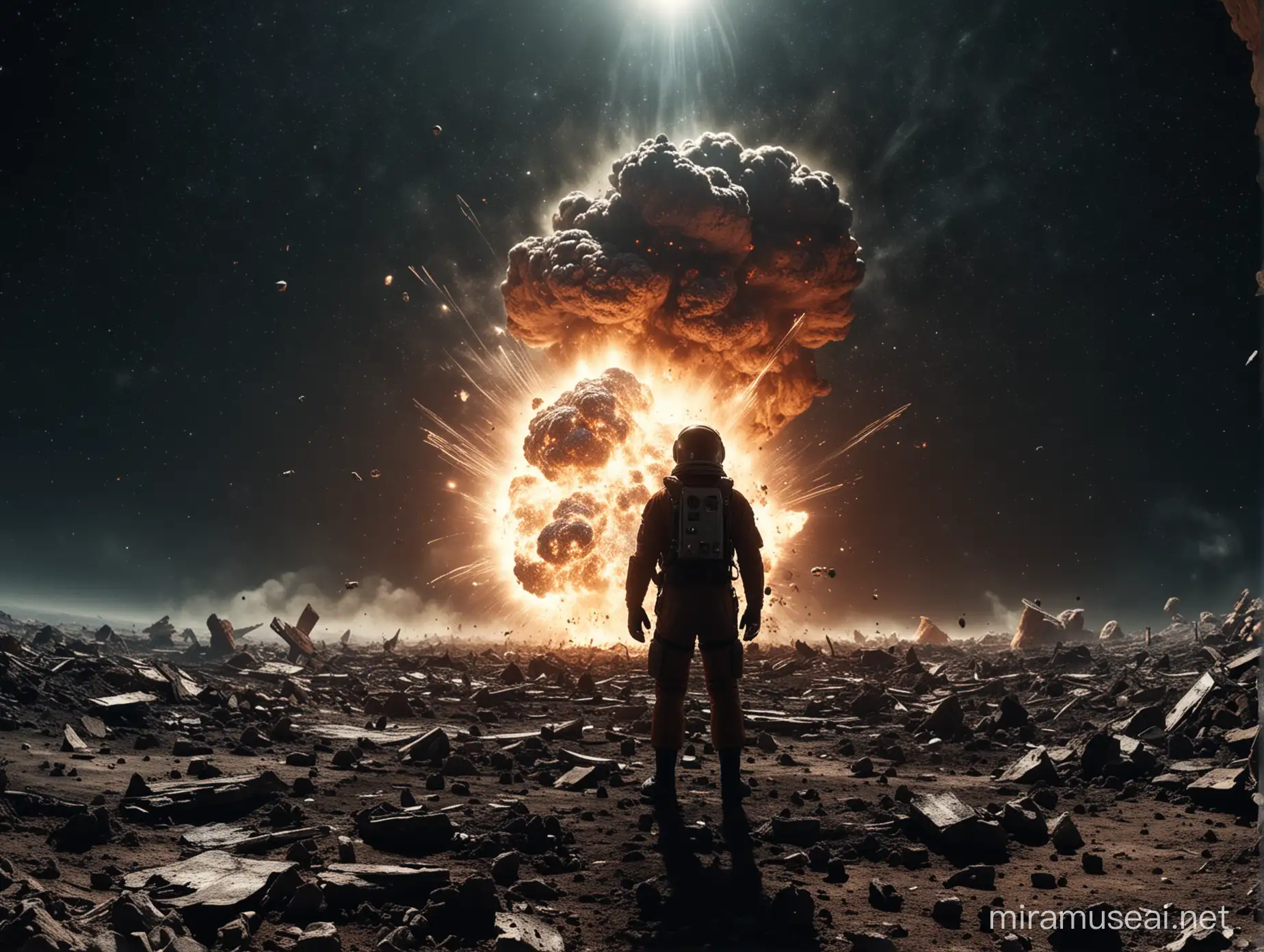 Человек в космосе около земли видит как погибает вселенная от большого взрыва. Обломки врезаются в землю и она горит. Снято со спины главного героя на 28 мм, диафрагма 1.8