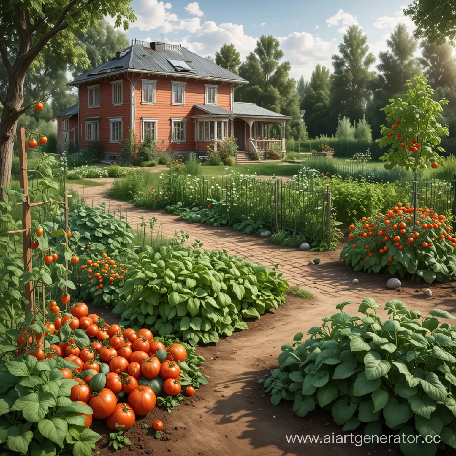сделать реалистичный пейзаж российского огорода с помидорами огурцами с домом на заднем плане