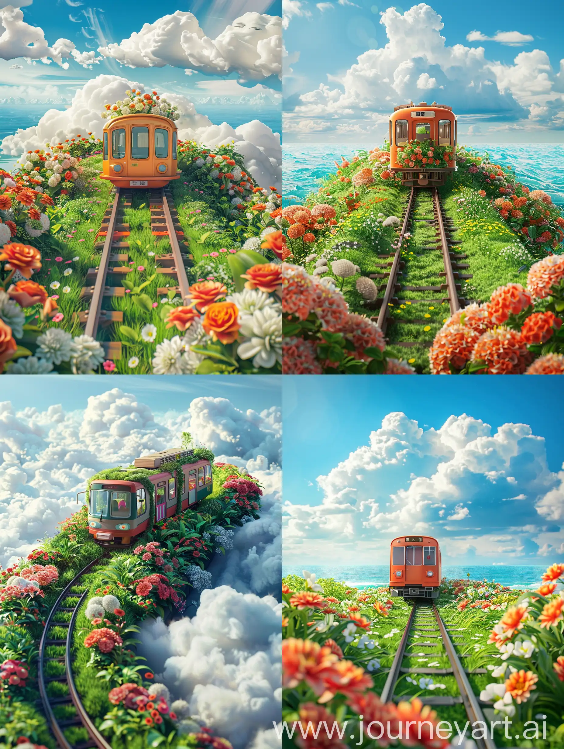 cartoon metro on the tracks, surrounded by flowers, on top green grass, dreamlike visuals, soft sculptures, bright colors, bold shapes, coastal landscapes, capturing moments, Hayao Miyazaki style landscape white clouds 

