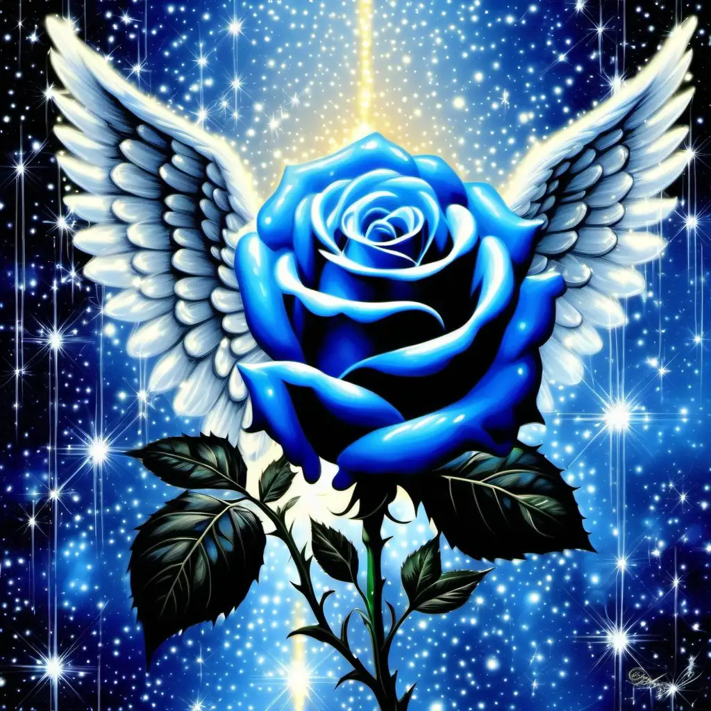 blue rose with angel wings, glitter, glowing, blue, white, black, thomas kinkade, colorspalsh, background