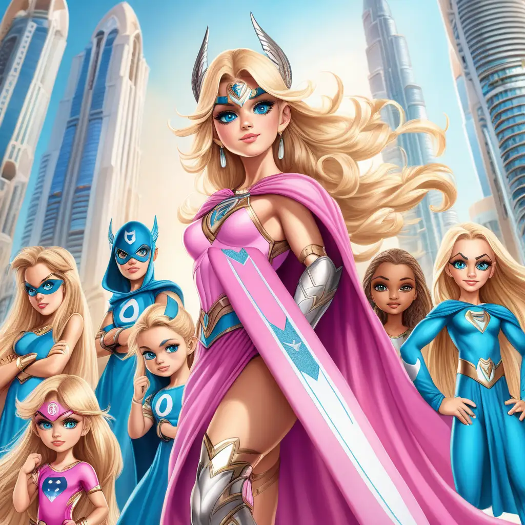 Богиня Фрея , в образе супергероя  в городе Дубай с своей командой из 10 девочек позади, в розовых цветах , мультяшный герой, с большими голубыми глазам, блондинка, милое молодое лицо