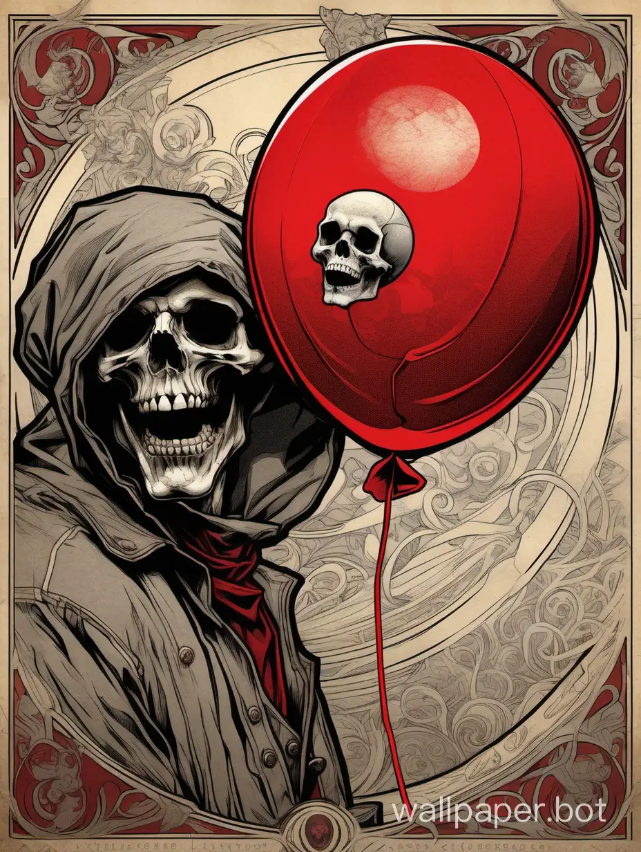 red balloon , laugh skull face , asymmetrical, Alphonse Mucha poster, comic book, high-textured paper, hyper-detailed line art , black, gray, red, 