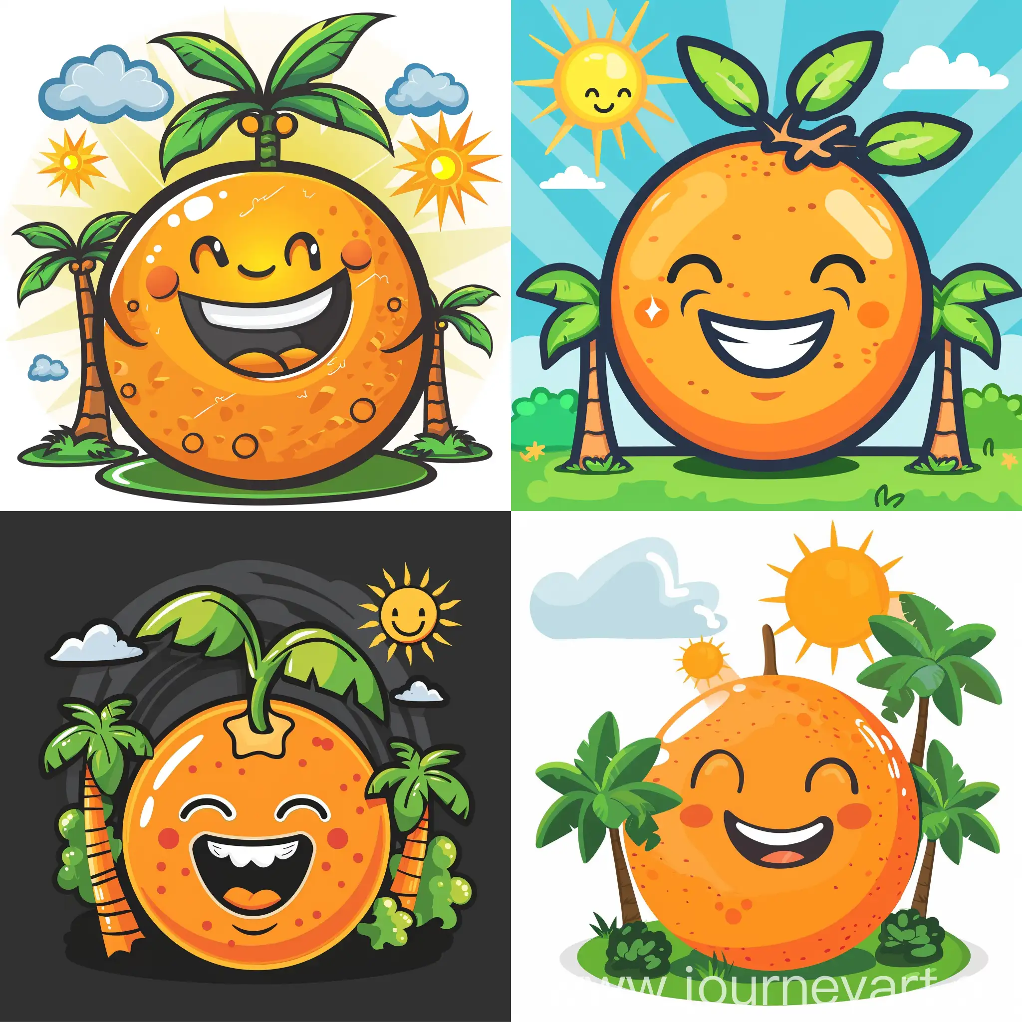 smiling orange cartooney with tropical trees and sunshine logo