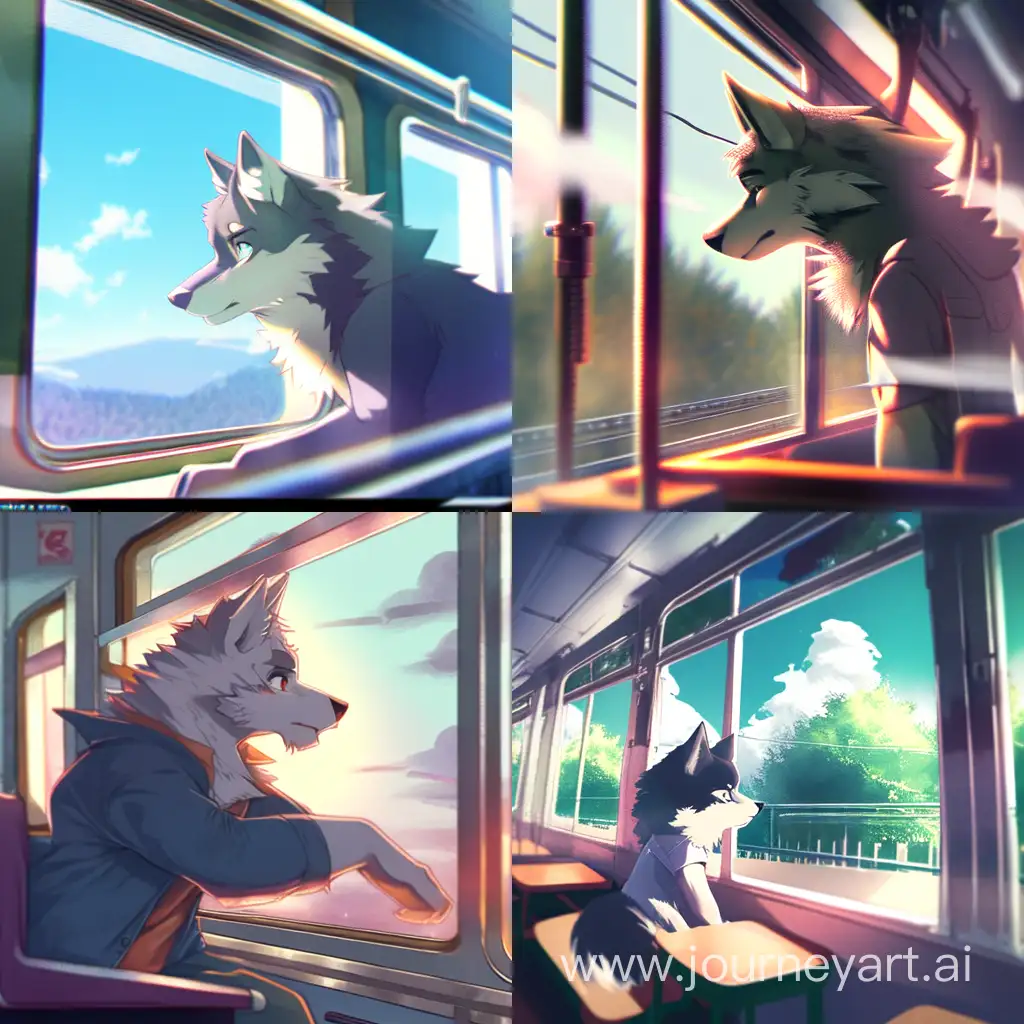 Cartoon wolf on a train looking out the window at the train station
