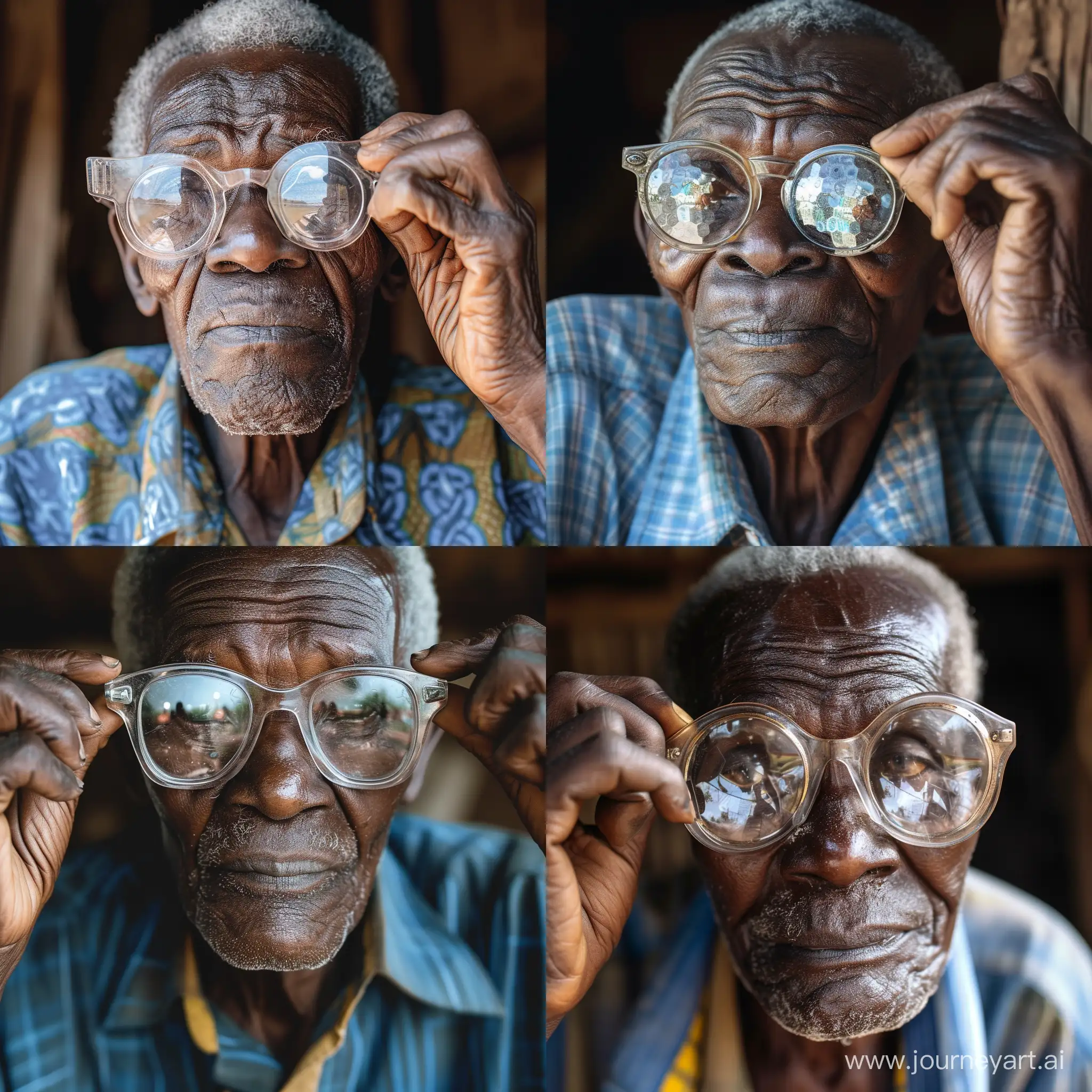 Old African man adjusting his vintage clear and reflective glasses. 