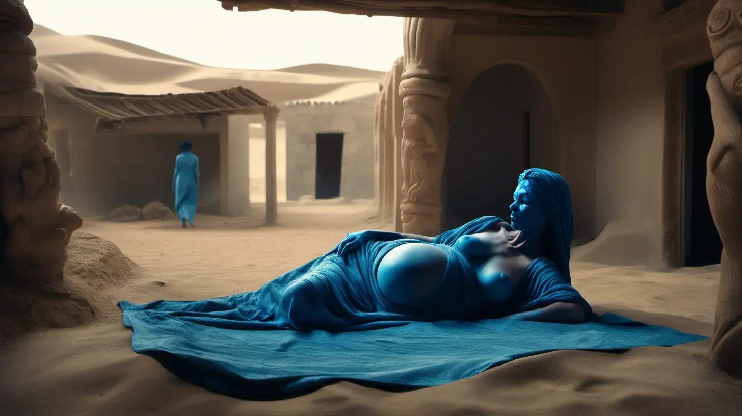 8k image, blue female human like mutant, pregnant laying down on a cloth, inside of an ancient house in the desert 