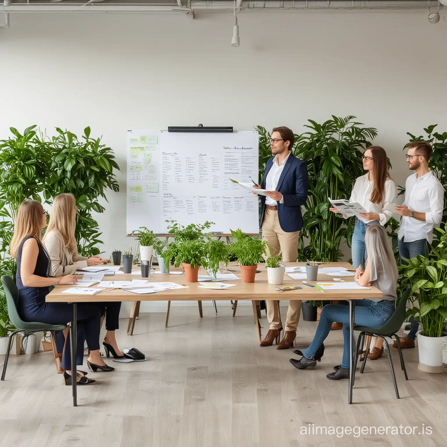 10 people, standing, creative office. business casual clothes. Notebooks on tables. Flipcharts. One Person presenting. Green plants background