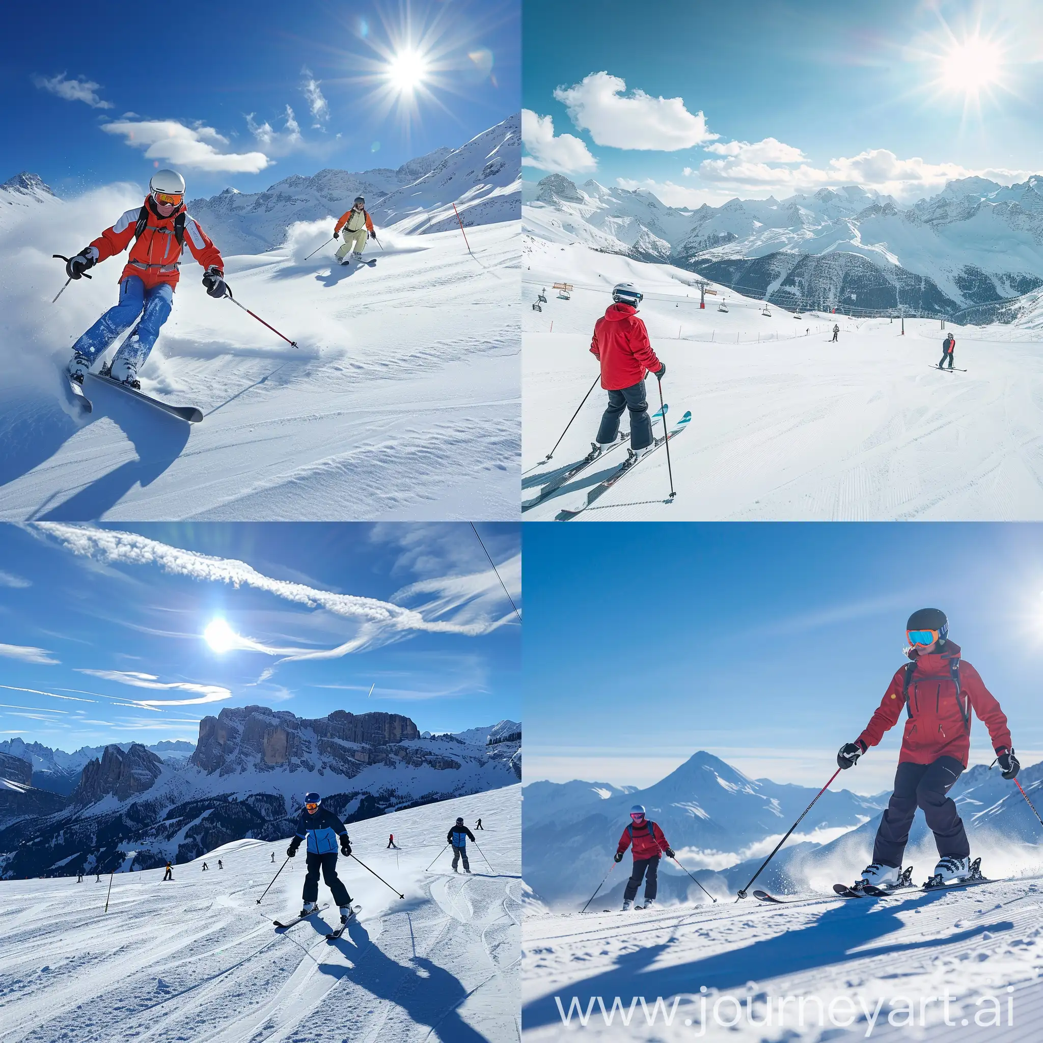 Катание на лыжах в горах в солнечную погоду 