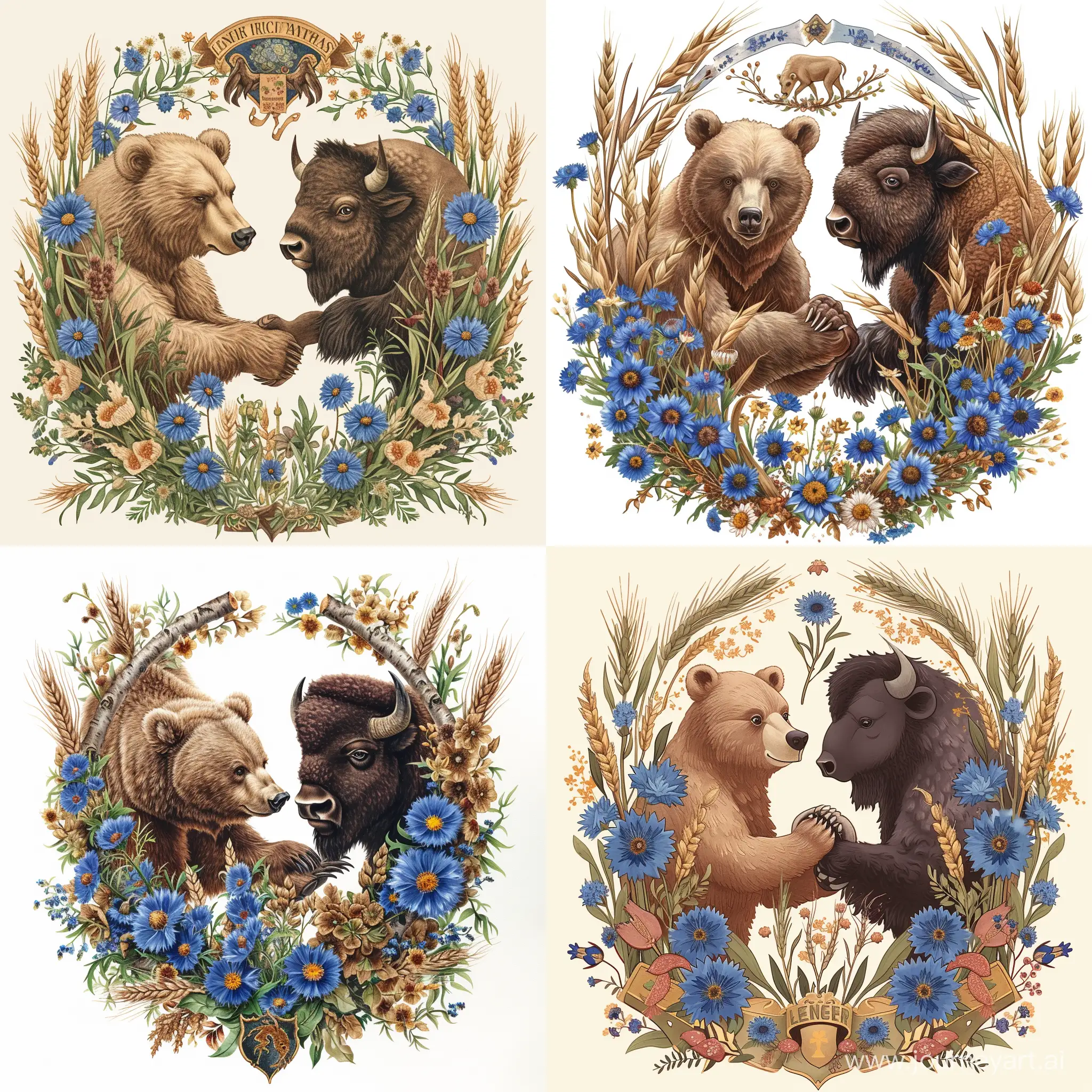 Герб, синие васильки, цветки льна, колосья пшеницы,  березовые ветки окружают  доброго медведя и доброго зубра,  медведь и зубр смотрят друг на друга и жмут друг другу лапы