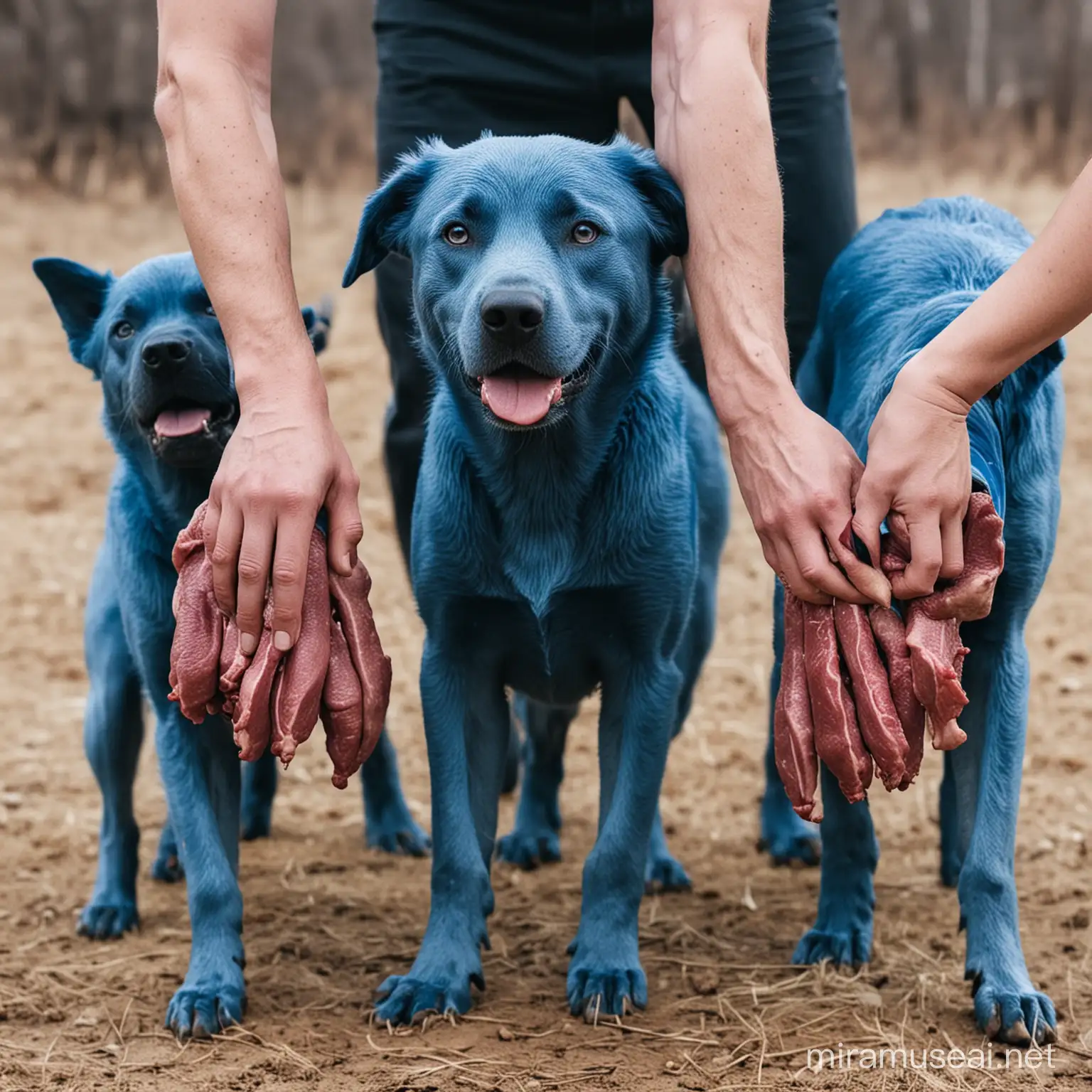 Blue Dogs Holding Meat Surreal Animal Artwork
