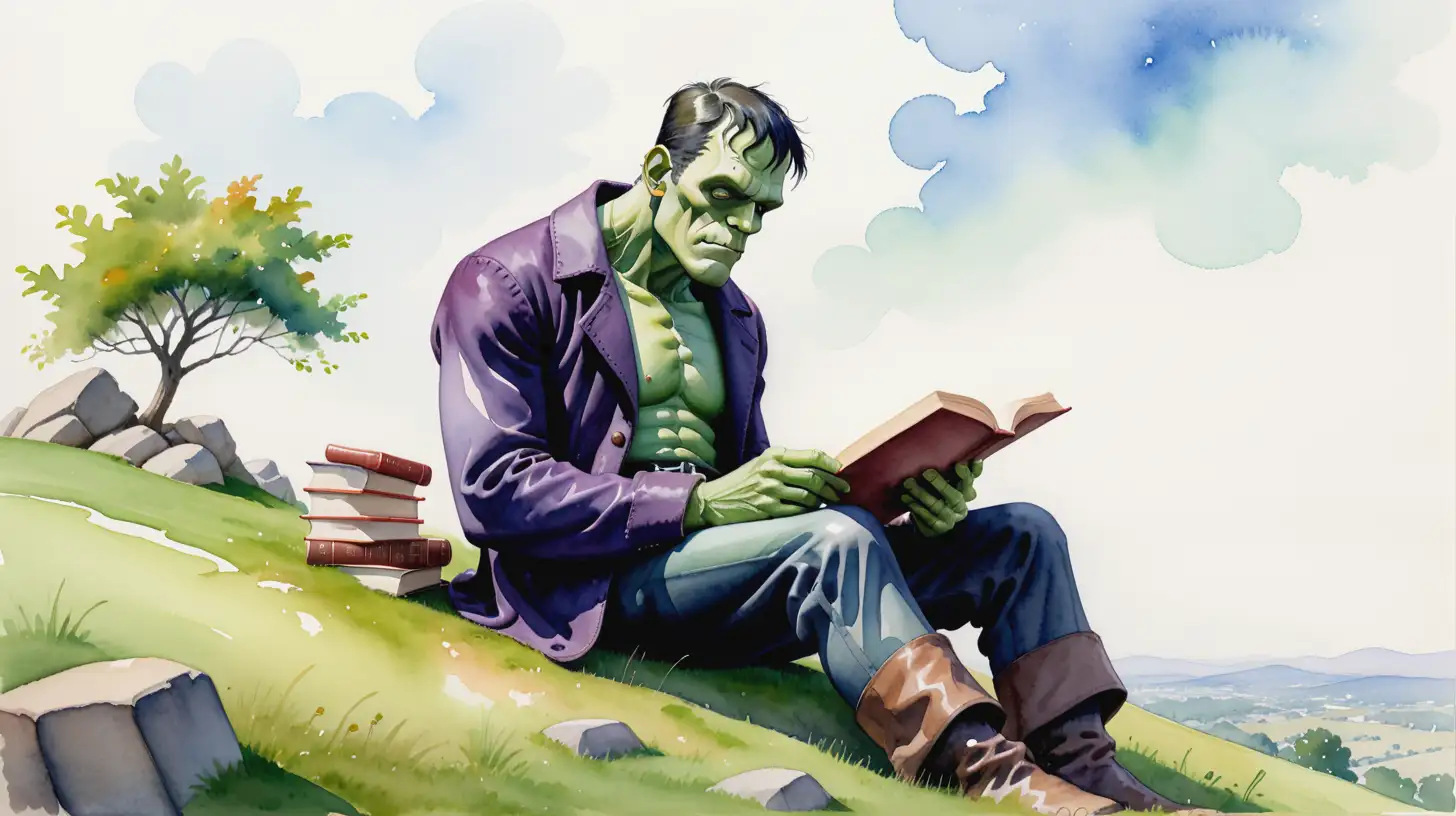 WATERcolor of a literal Frankenstein relaxing on the side of a small hill reading a book