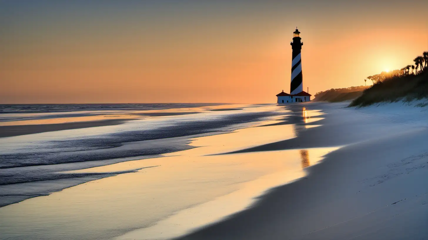 /imagine prompt: A photographic style image capturing the first light of day breaking over the historic St. Augustine beach, the iconic lighthouse in the distance, a tranquil tide washing ashore. Created Using: dawn light, historical landmark, lighthouse silhouette, serene ocean, soft sand foreground, clear morning sky, tranquil beach atmosphere, hd quality, natural look --ar 16:9 --v 6.0