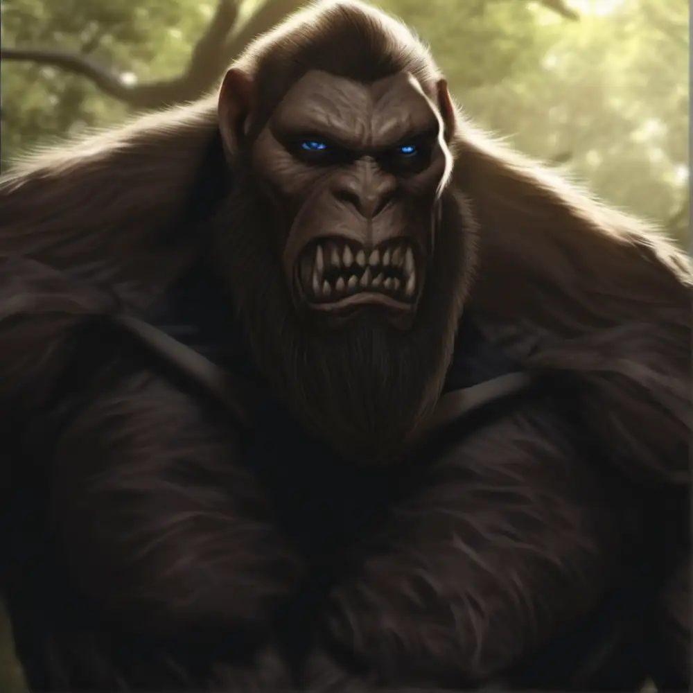 as mix of male human and ape appearance, dark fur covers face also forming a beard, pointed ears and sharp teeth, short human-like nose, blue eyes, serious, 1 to 1 as on original picture, hyper-realistic, photo-realistic
